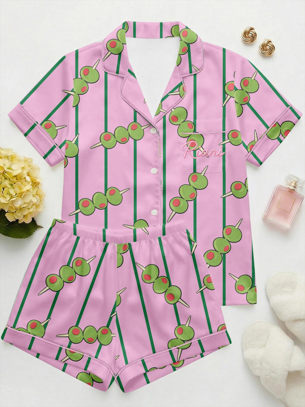 Custom Satin Pajama Set, Personalized Name, Fruit Stripe Sleepwear