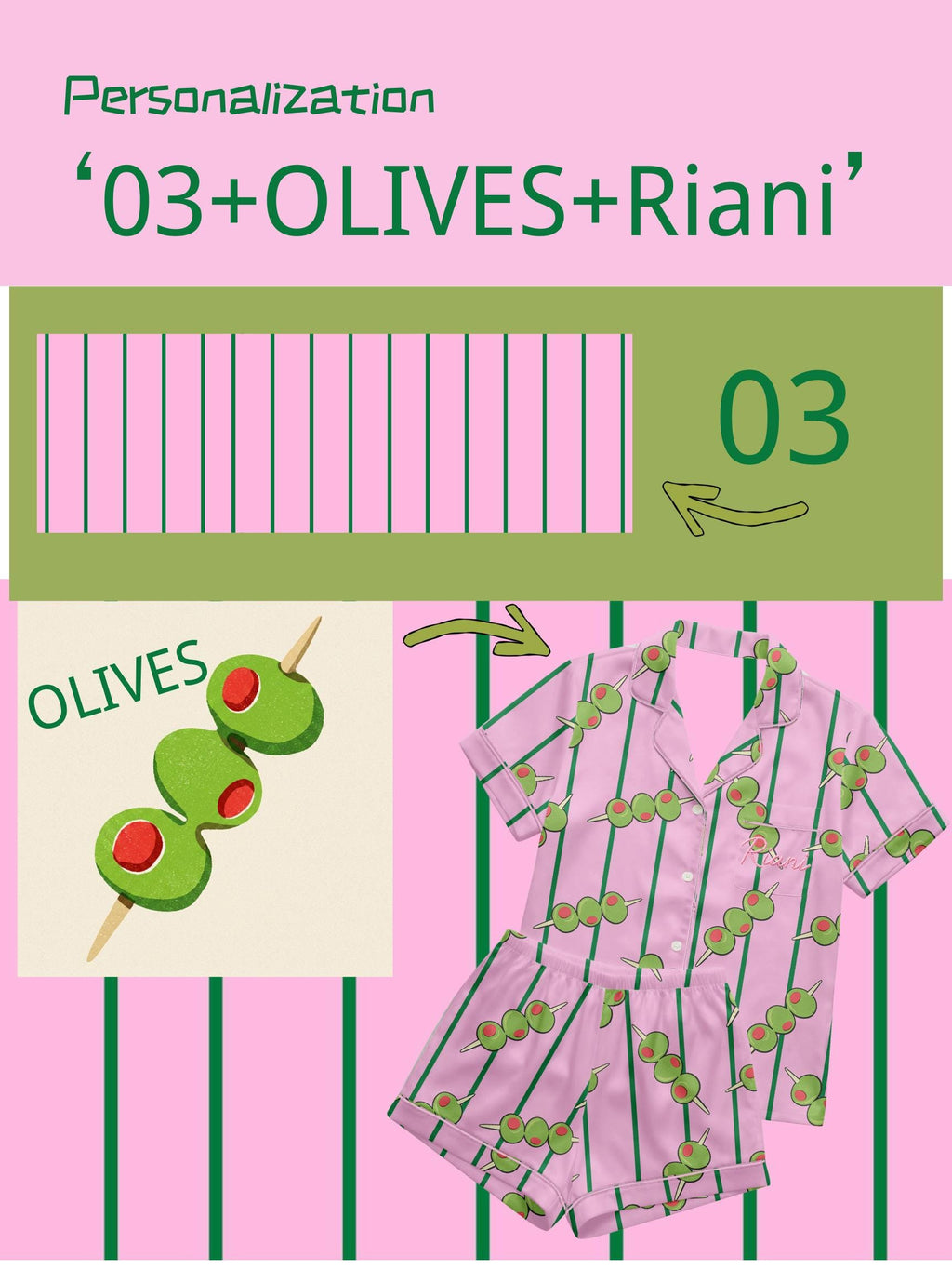 Custom Satin Pajama Set, Personalized Name, Fruit Stripe Sleepwear
