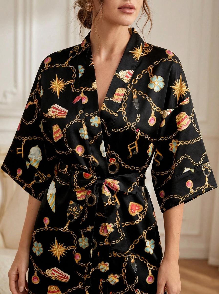 Black Satin Pajama Set, Gold Chain Charm Print Sleepwear, Vintage Style Lounge Set