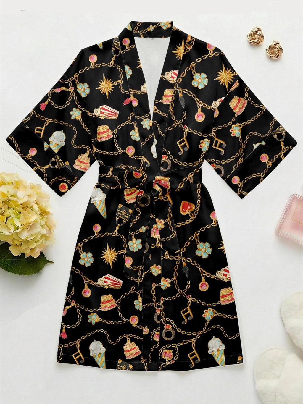Black Satin Pajama Set, Gold Chain Charm Print Sleepwear, Vintage Style Lounge Set