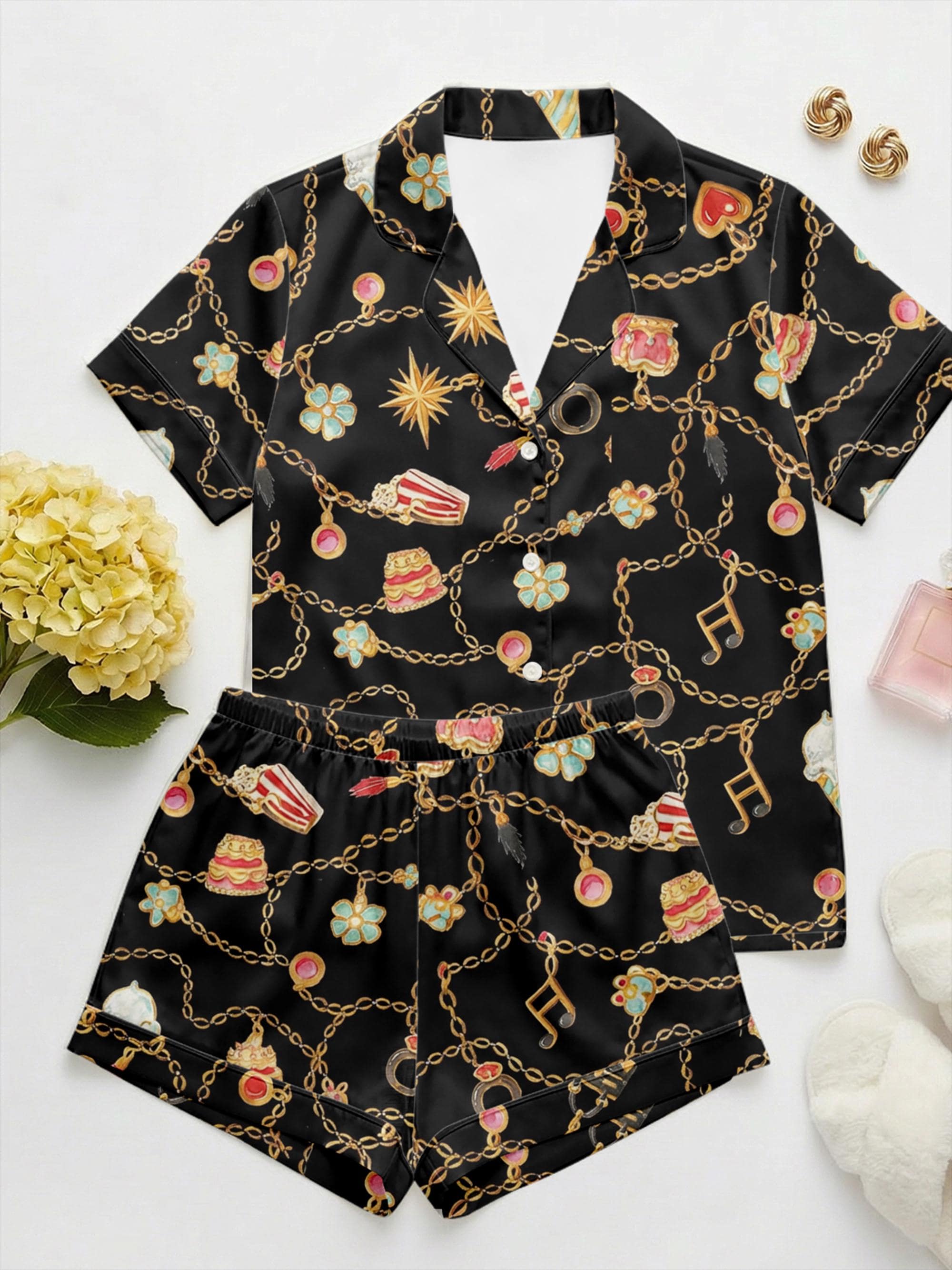 Black Satin Pajama Set, Gold Chain Charm Print Sleepwear, Vintage Style Lounge Set