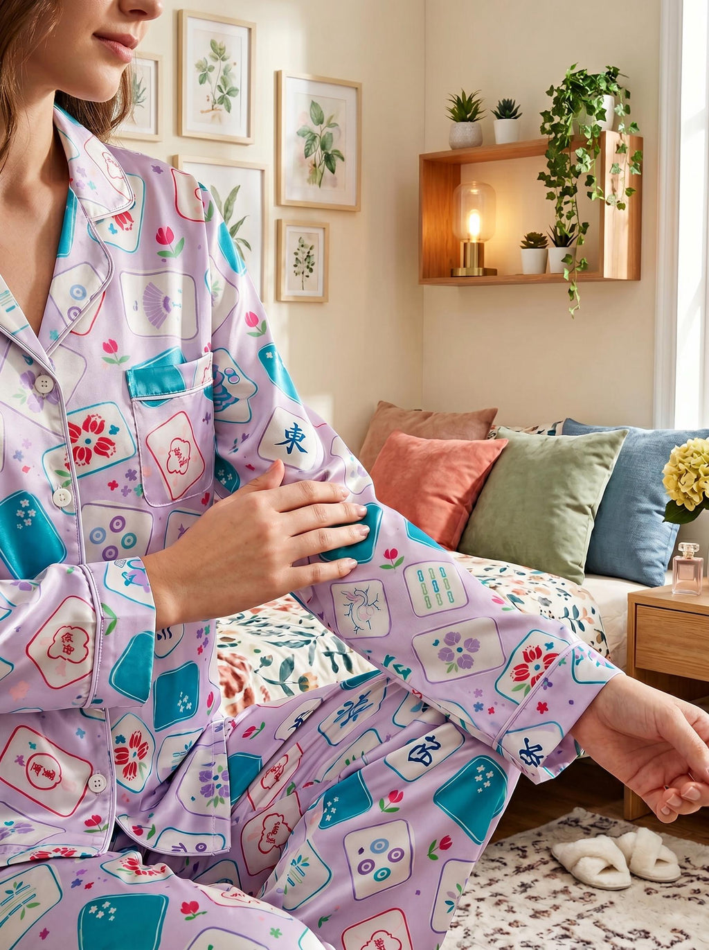 Satin Mahjong Pajama Set, Lavender Tile Print Sleepwear, Game Night Loungewear