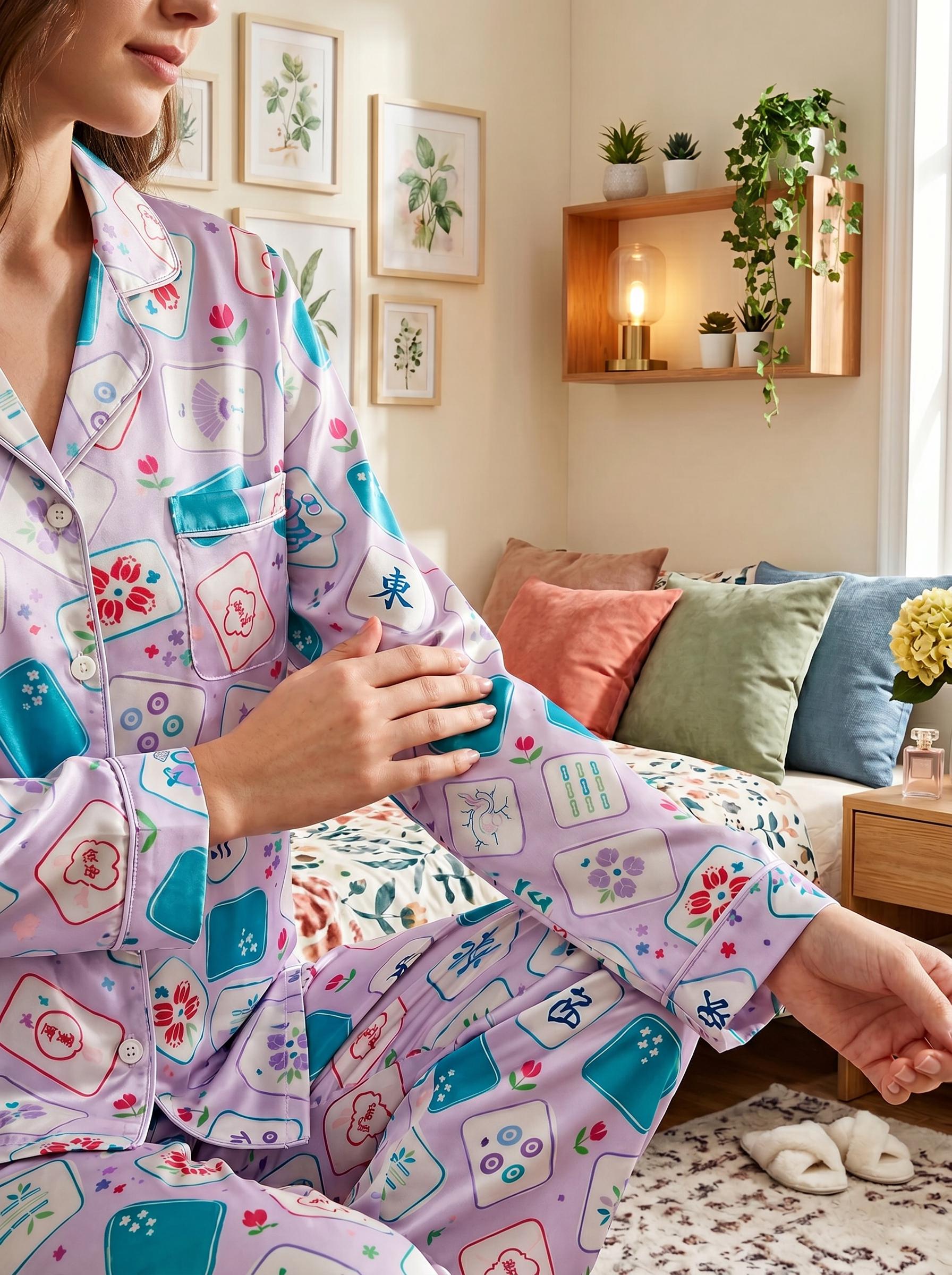 Satin Mahjong Pajama Set, Lavender Tile Print Sleepwear, Game Night Loungewear