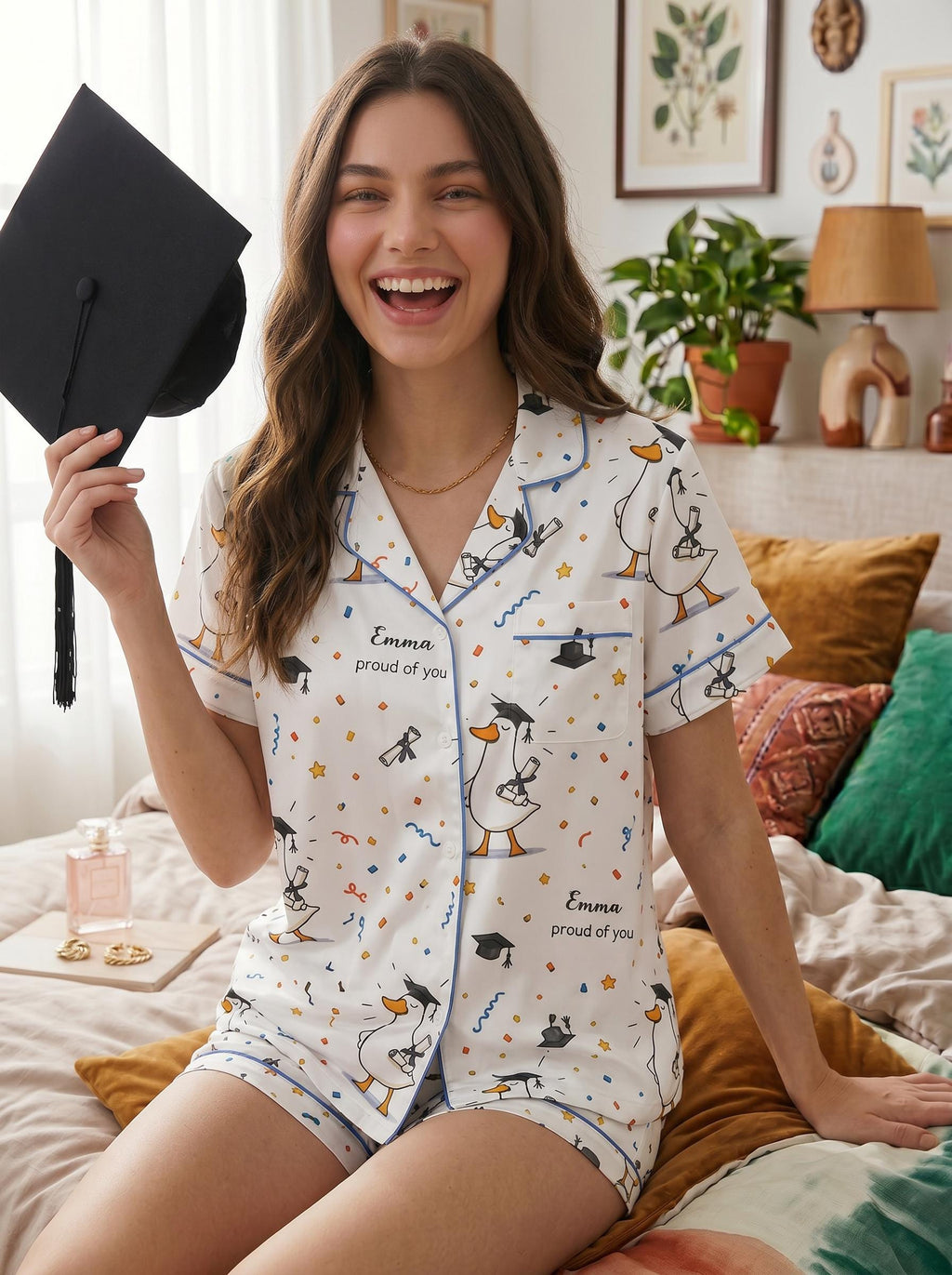 Custom Graduation Pajama Set, Personalized Duck Print Satin Sleepwear, Gift for Daughter