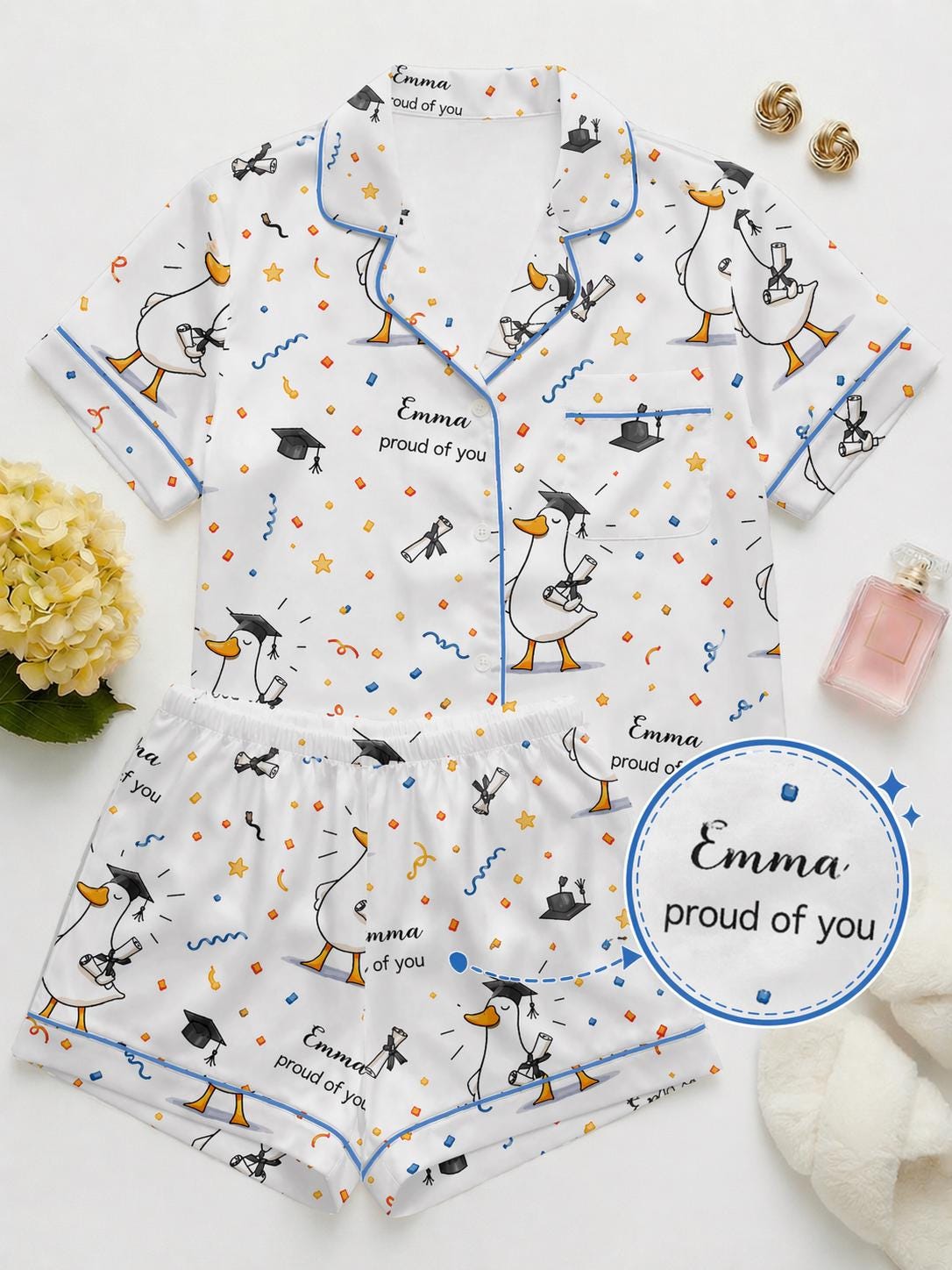 Custom Graduation Pajama Set, Personalized Duck Print Satin Sleepwear, Gift for Daughter