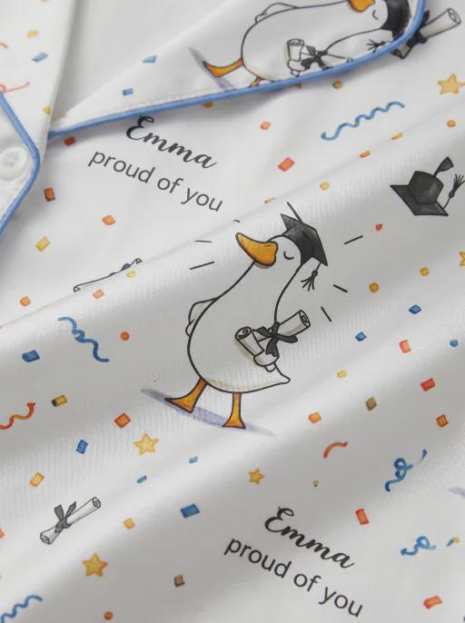 Custom Graduation Pajama Set, Personalized Duck Print Satin Sleepwear, Gift for Daughter