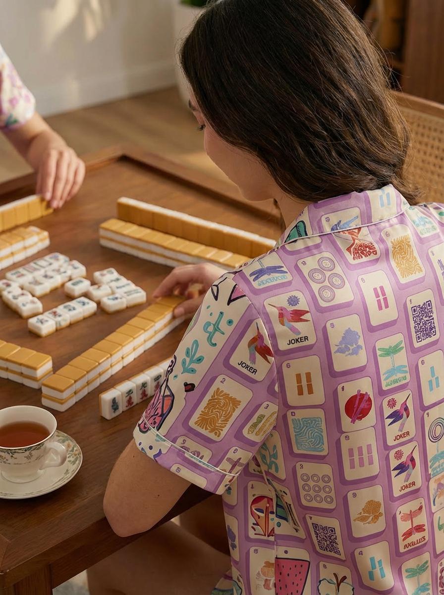 Mahjong Pajama Set for Women, Lucky Print Sleepwear, Game Night Satin PJs, Mah Jongg Gift for Her, Mother's Day Gift ,Fun Social Gamer Gift