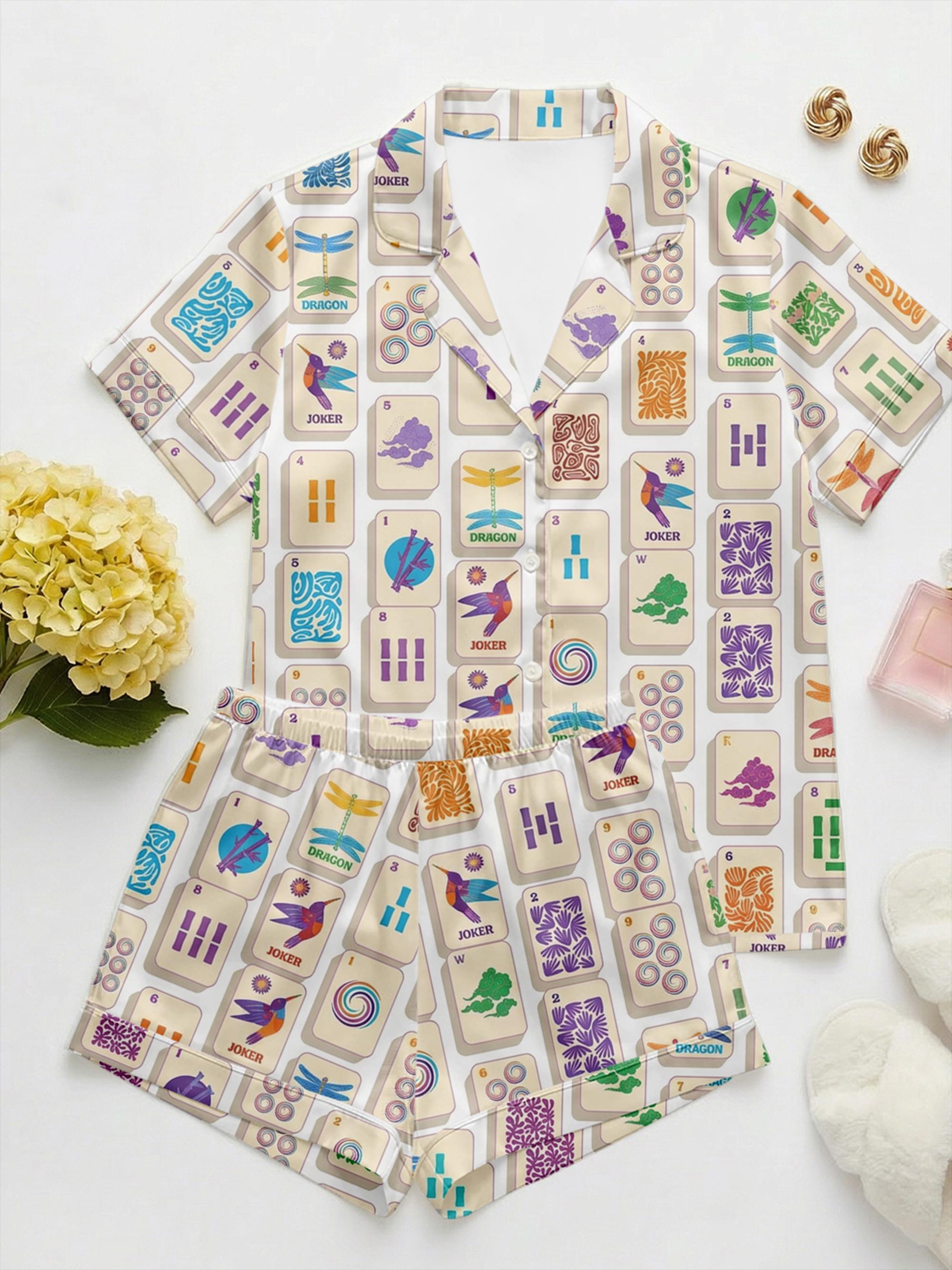 Mahjong Pajama Set for Women, Lucky Print Sleepwear, Game Night Satin PJs, Mah Jongg Gift for Her, Mother's Day Gift ,Fun Social Gamer Gift
