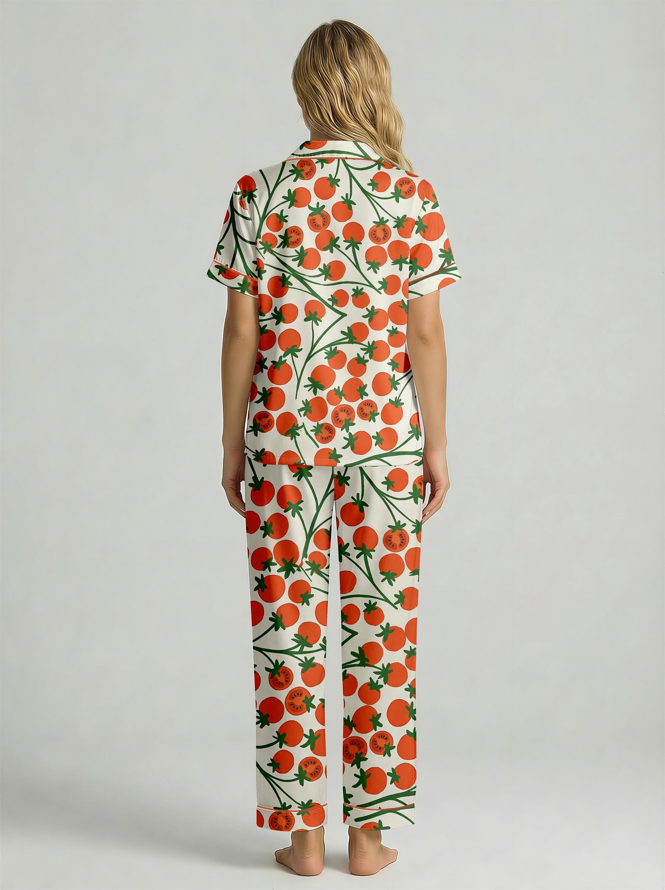 Tomato Print Pajama Set for Women, Cottagecore Garden Sleepwear, Hand-Drawn Fruit Pattern PJs, Gardener Gift for Her,   Short Lounge Set