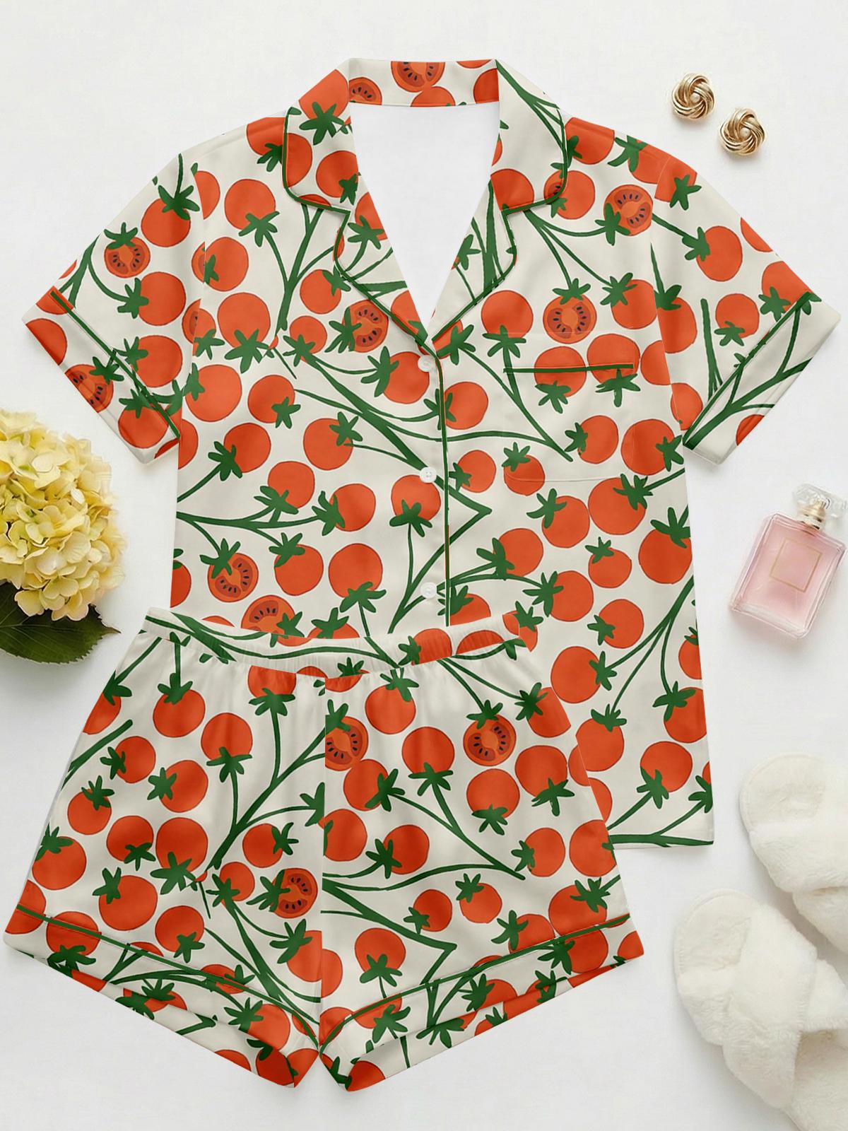 Tomato Print Pajama Set for Women, Cottagecore Garden Sleepwear, Hand-Drawn Fruit Pattern PJs, Gardener Gift for Her,   Short Lounge Set