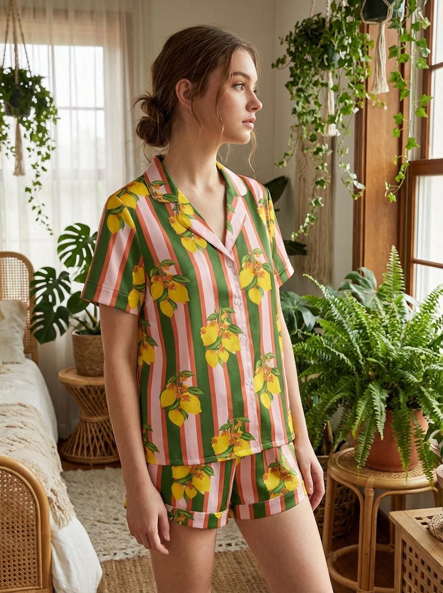 Hand-Drawn Lemon Print Silky Pajama Set, Striped Cottagecore Sleepwear