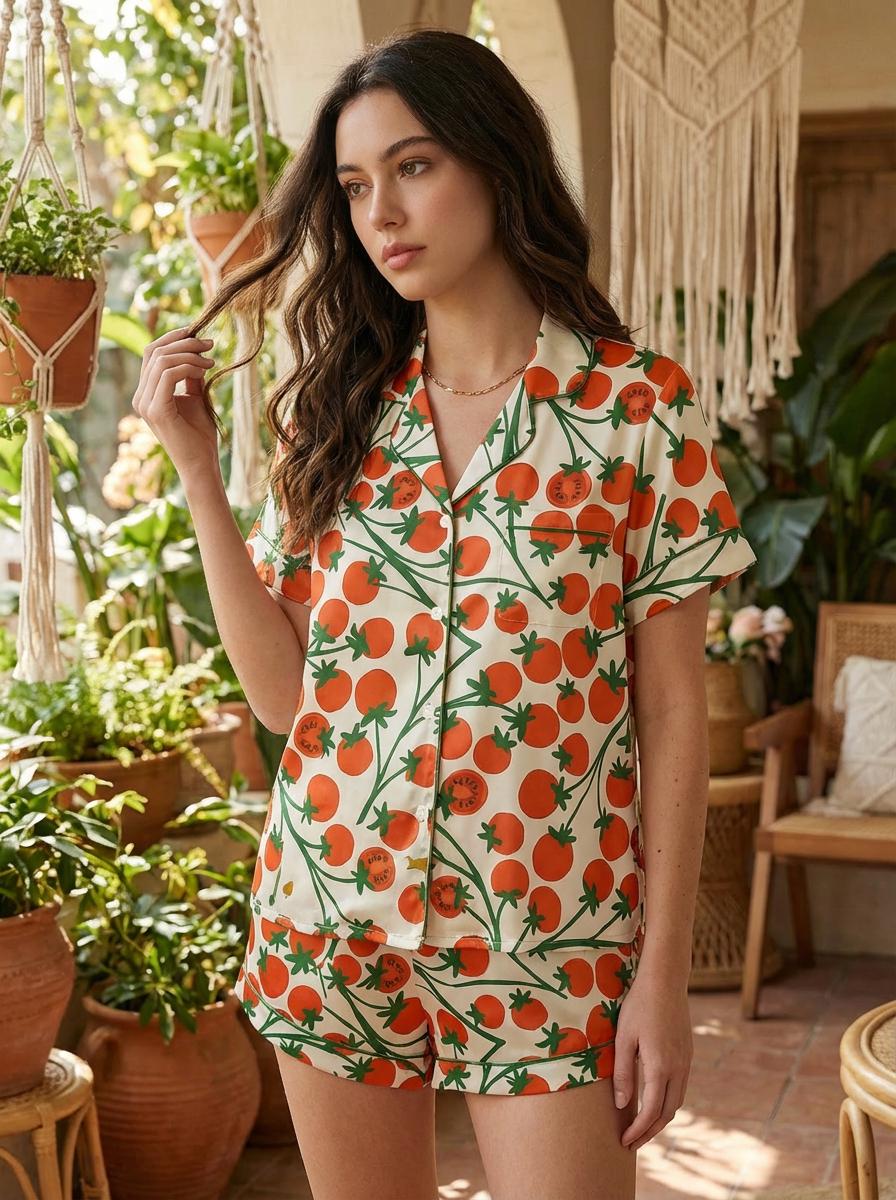 Hand-Drawn Fruit Women’s  Pajama Set ,tomato art print Sleepwear, Summer loungewear for her,satin pajamas for mothers day