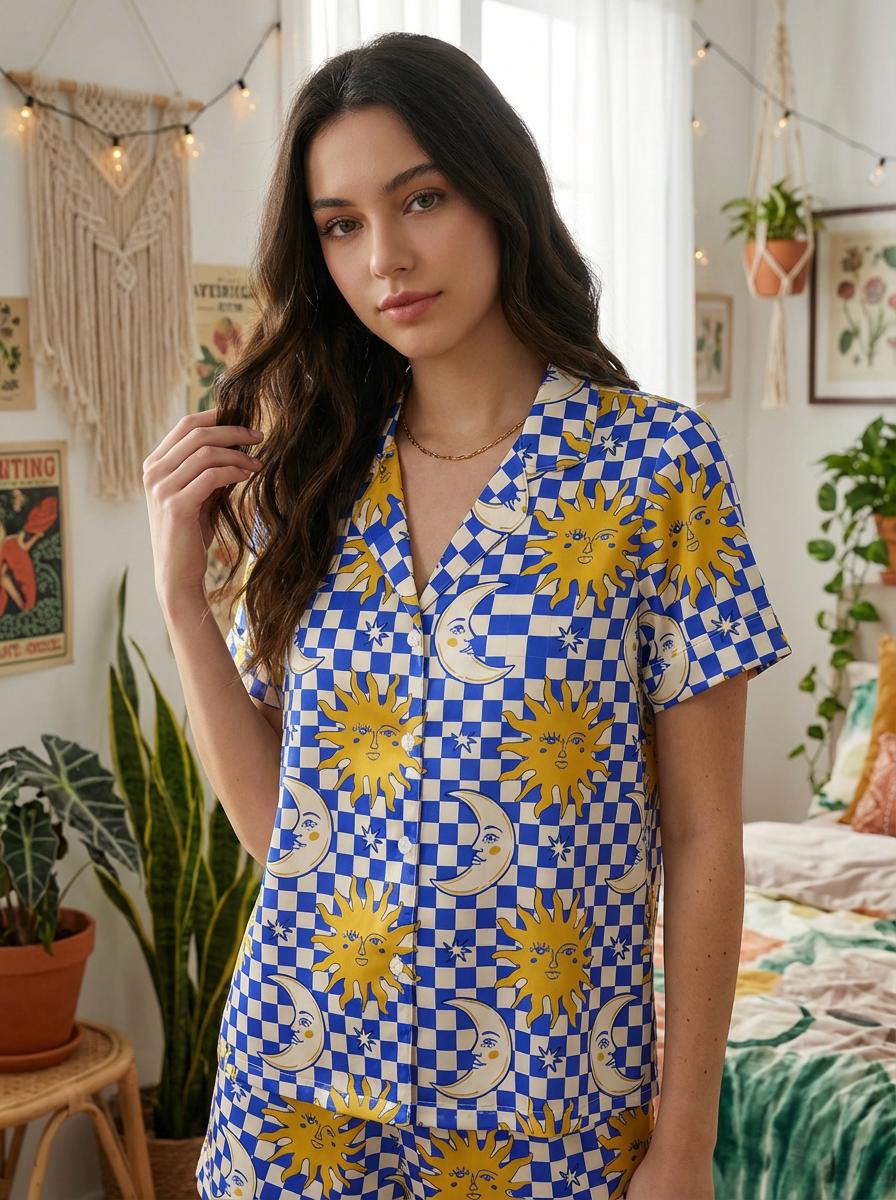 Women's Celestial Sun Moon Pajama Set, Sleepover Party Sleepwear, Summer Lounge Shorts