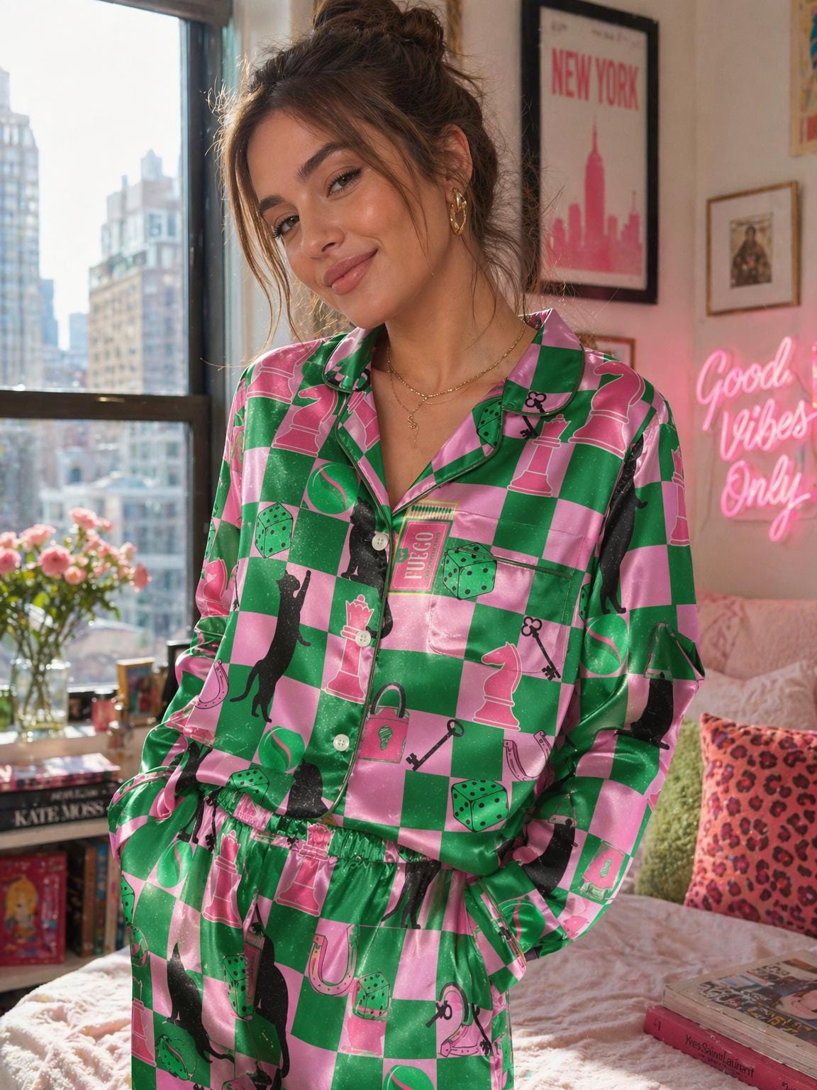 Cat Pajama Set for Women, Checkerboard Chess Print Satin Sleepwear, Dopamine Color Pajamas, Cute Cat Loungewear, Summer Pajama Shorts Set