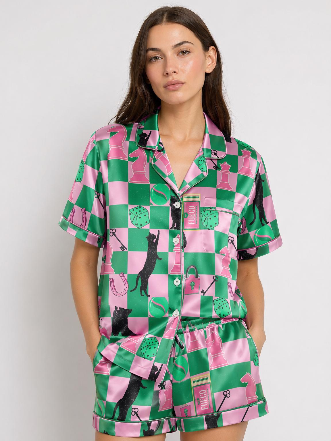 Cat Pajama Set for Women, Checkerboard Chess Print Satin Sleepwear, Dopamine Color Pajamas, Cute Cat Loungewear, Summer Pajama Shorts Set