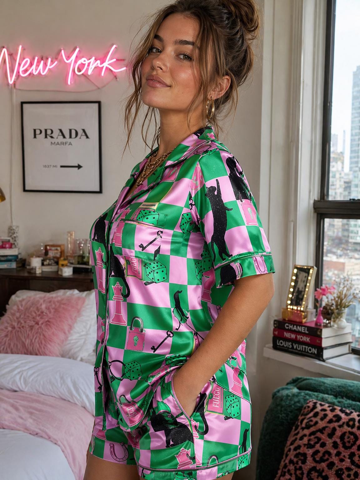 Cat Pajama Set for Women, Checkerboard Chess Print Satin Sleepwear, Dopamine Color Pajamas, Cute Cat Loungewear, Summer Pajama Shorts Set