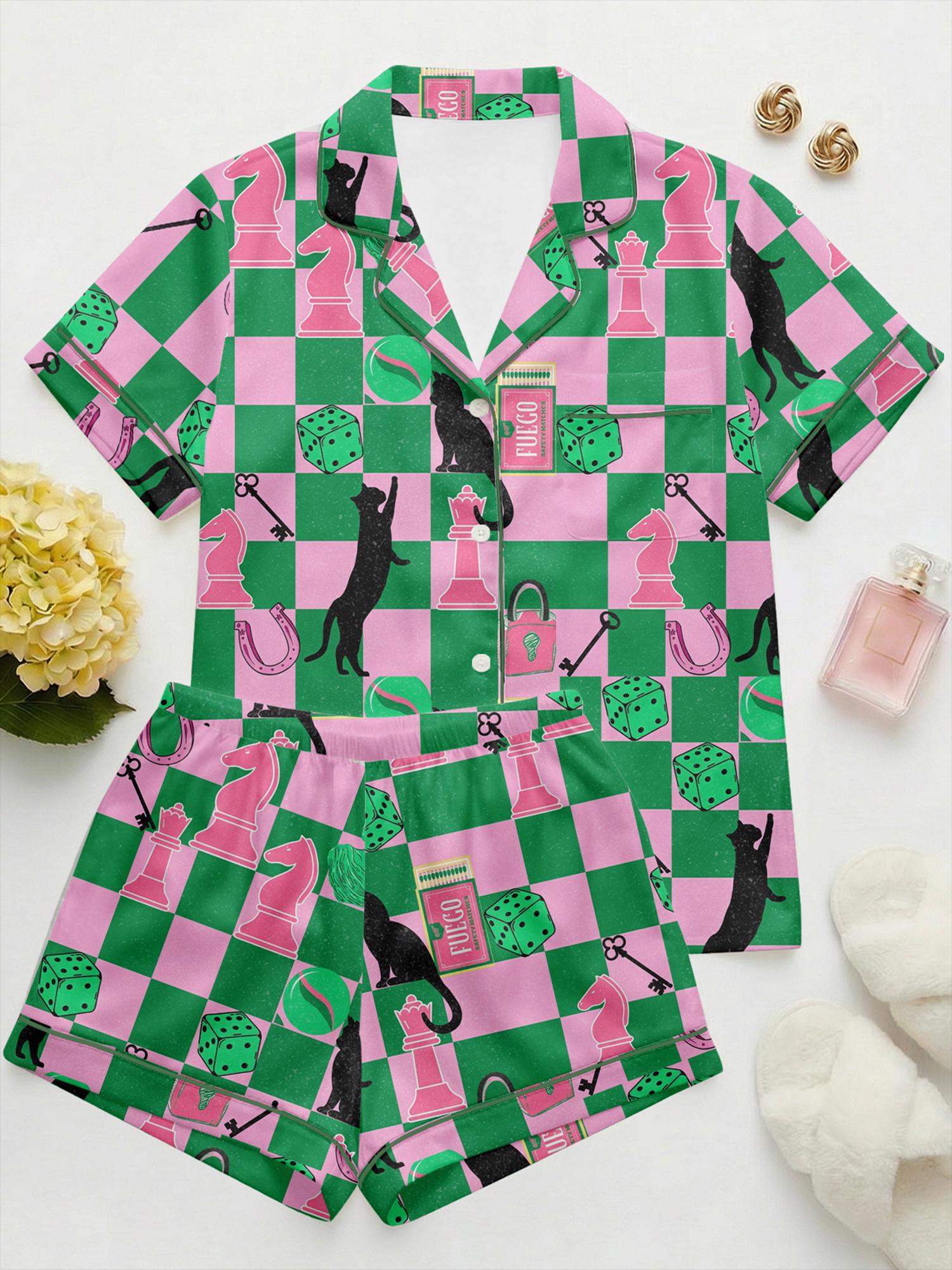 Cat Pajama Set for Women, Checkerboard Chess Print Satin Sleepwear, Dopamine Color Pajamas, Cute Cat Loungewear, Summer Pajama Shorts Set