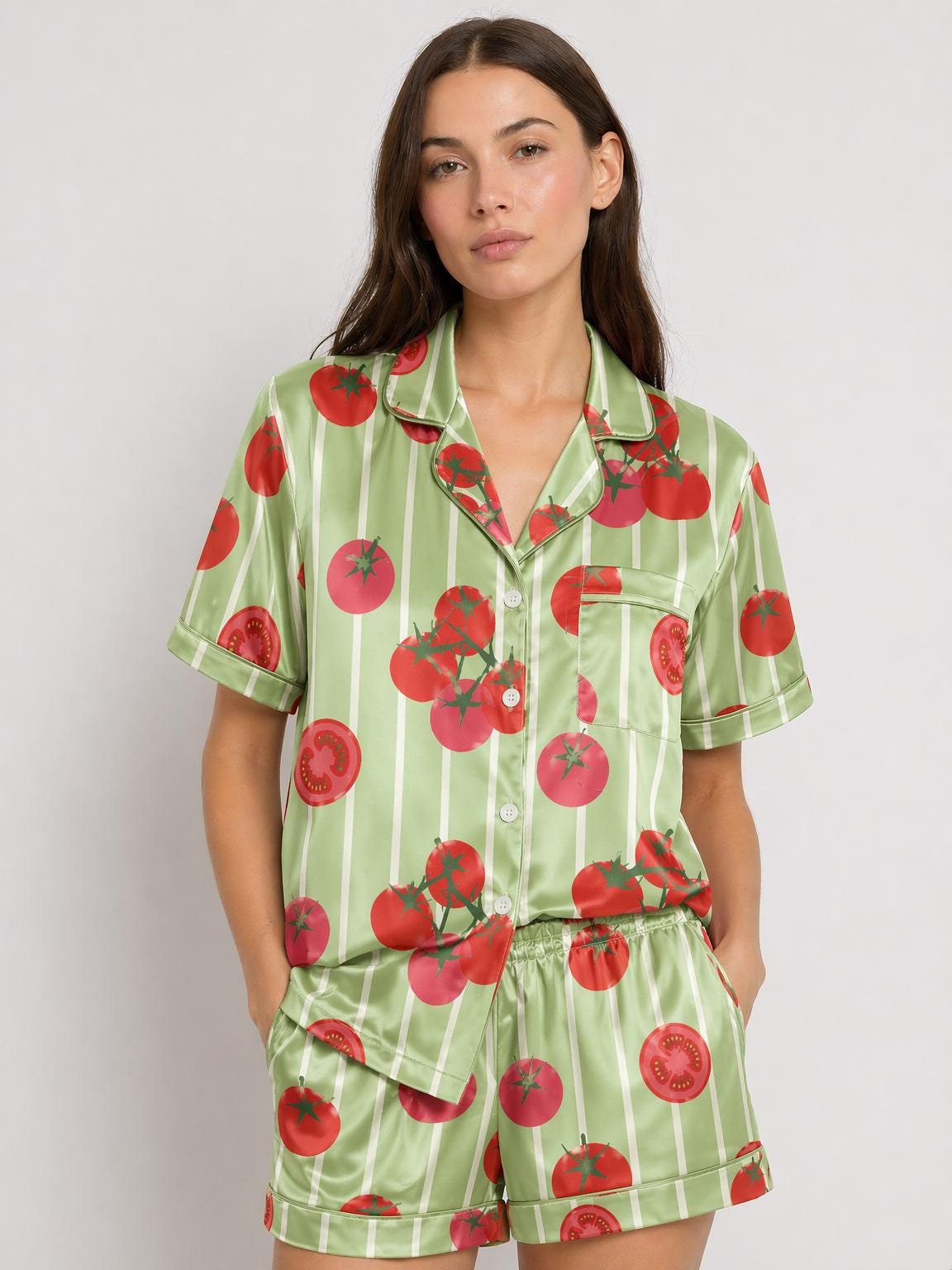 Tomato Satin Pajama Set for Women, Summer Fruit Print Sleepwear, Striped Satin Pajamas, Cute Print Loungewear, Pajama Shorts Set