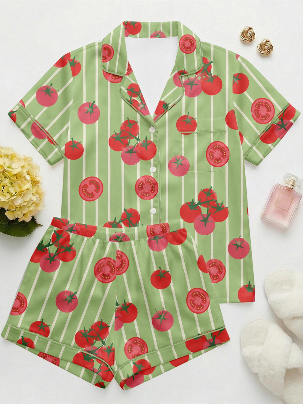 Tomato Satin Pajama Set for Women, Summer Fruit Print Sleepwear, Striped Satin Pajamas, Cute Print Loungewear, Pajama Shorts Set