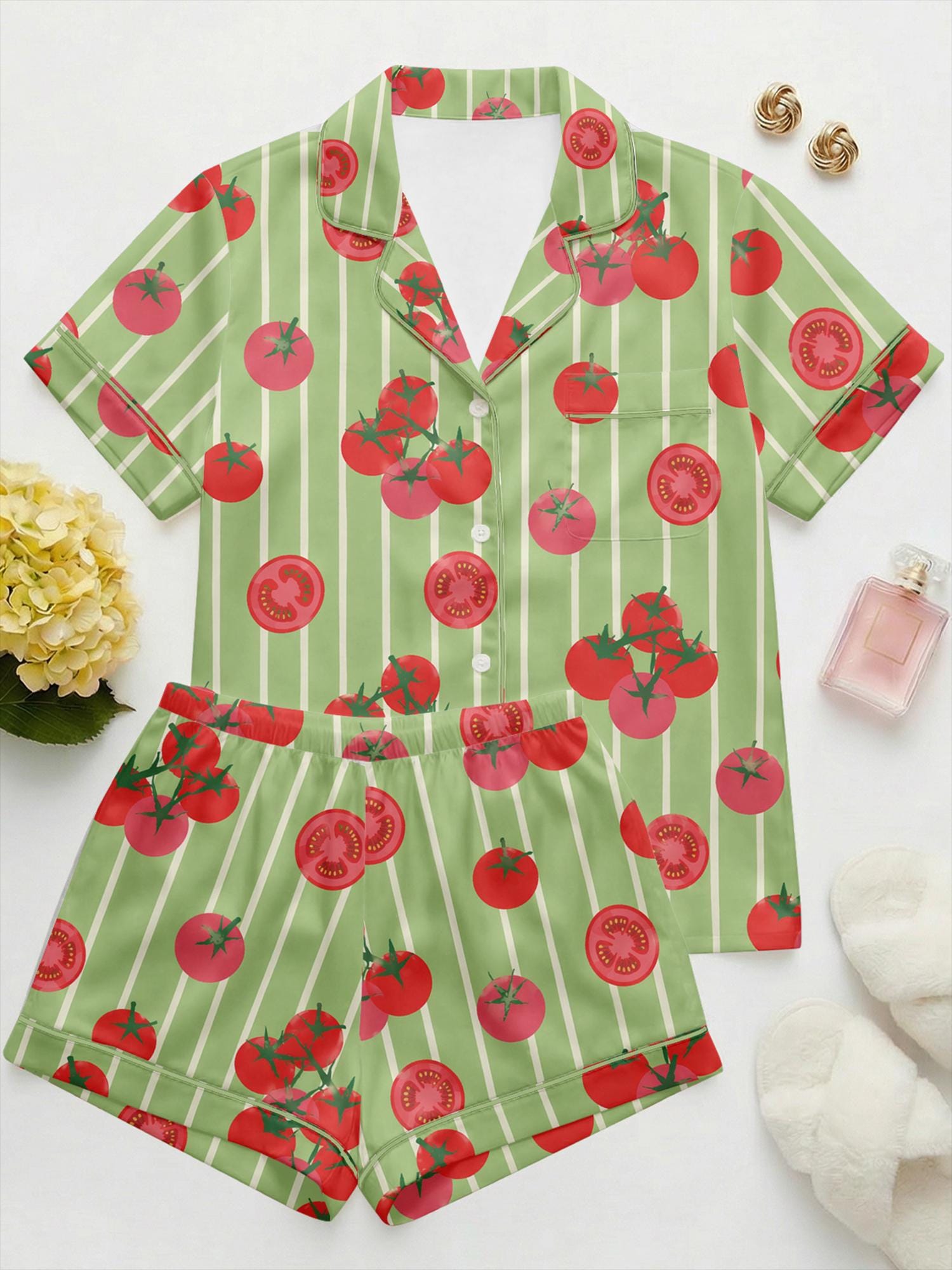 Tomato Satin Pajama Set for Women, Summer Fruit Print Sleepwear, Striped Satin Pajamas, Cute Print Loungewear, Pajama Shorts Set