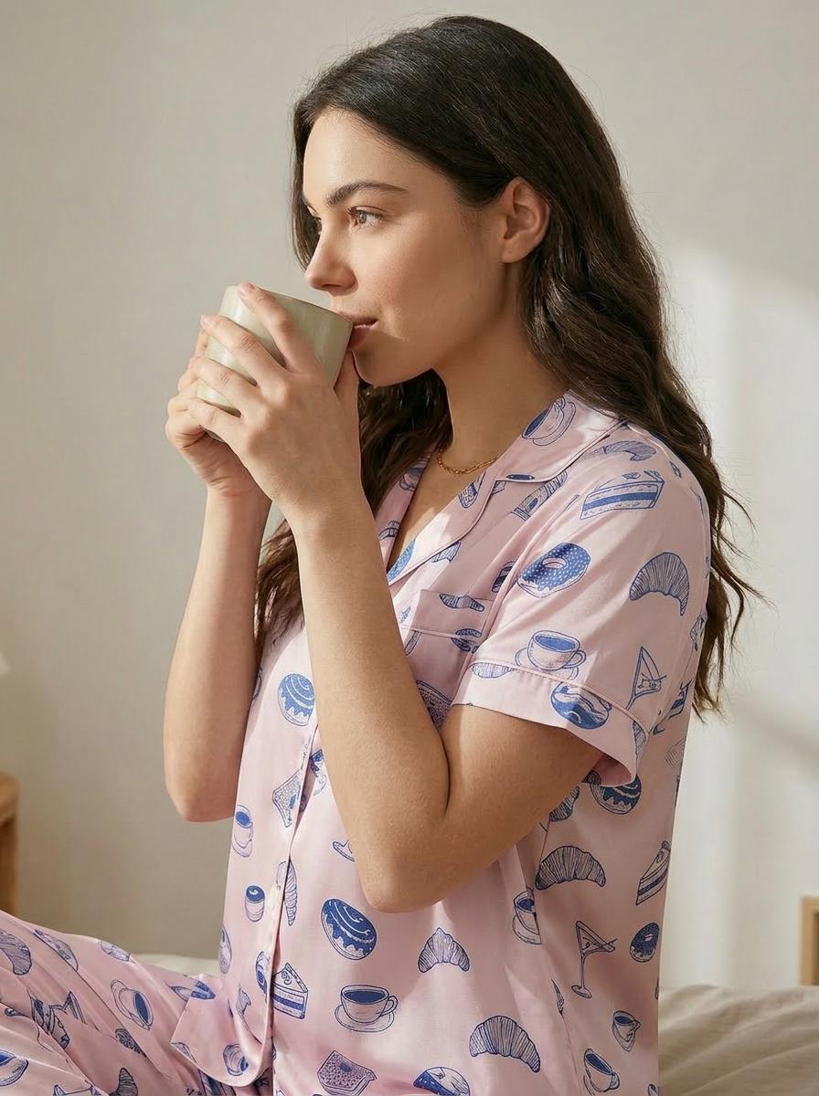 galentines day Pajama Set, Sleepover Party Silky Satin PJs, Croissant and Cake Print sleepwear, Mother's Day Lounge Set，French Breakfast