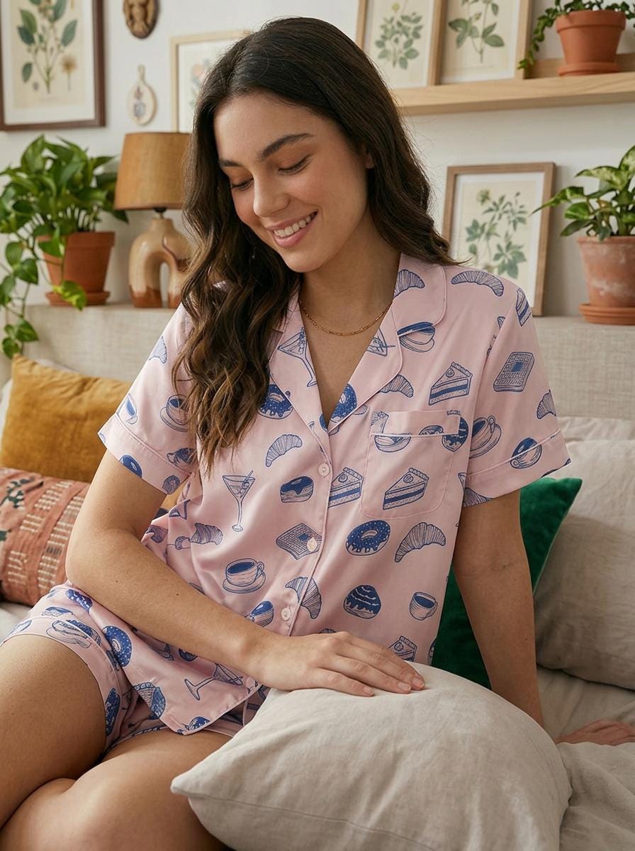 galentines day Pajama Set, Sleepover Party Silky Satin PJs, Croissant and Cake Print sleepwear, Mother's Day Lounge Set，French Breakfast