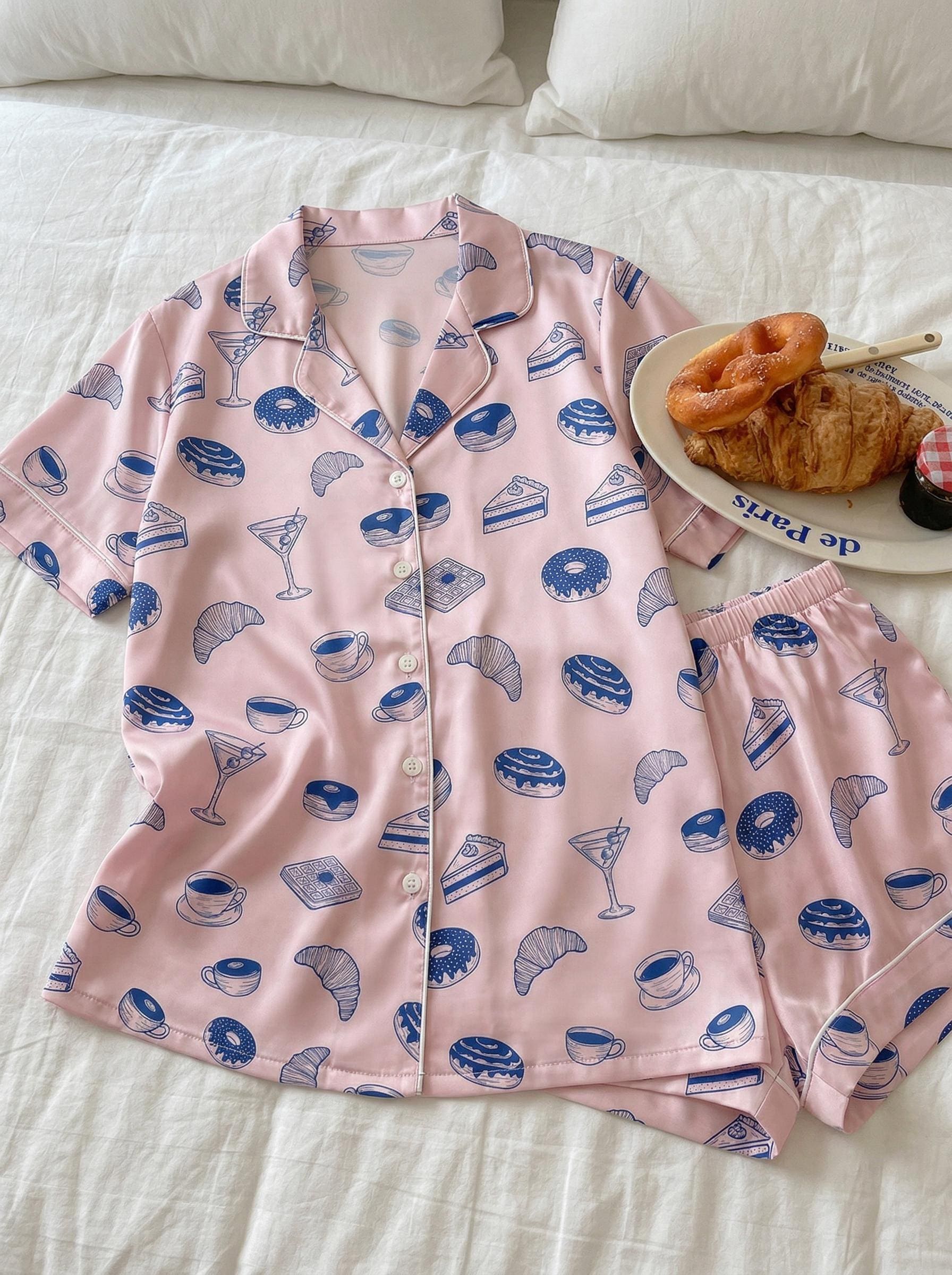 galentines day Pajama Set, Sleepover Party Silky Satin PJs, Croissant and Cake Print sleepwear, Mother's Day Lounge Set，French Breakfast