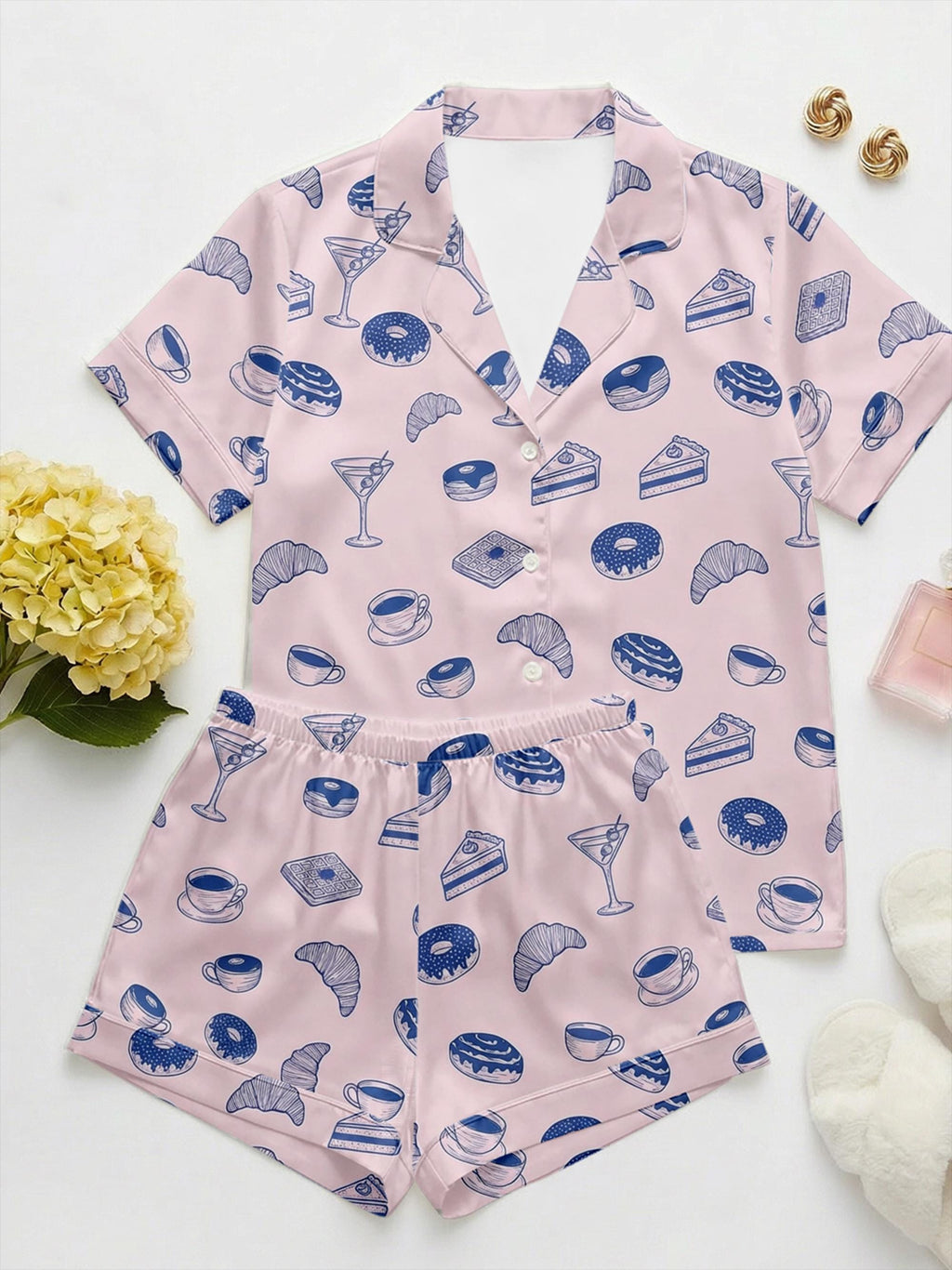 galentines day Pajama Set, Sleepover Party Silky Satin PJs, Croissant and Cake Print sleepwear, Mother's Day Lounge Set，French Breakfast