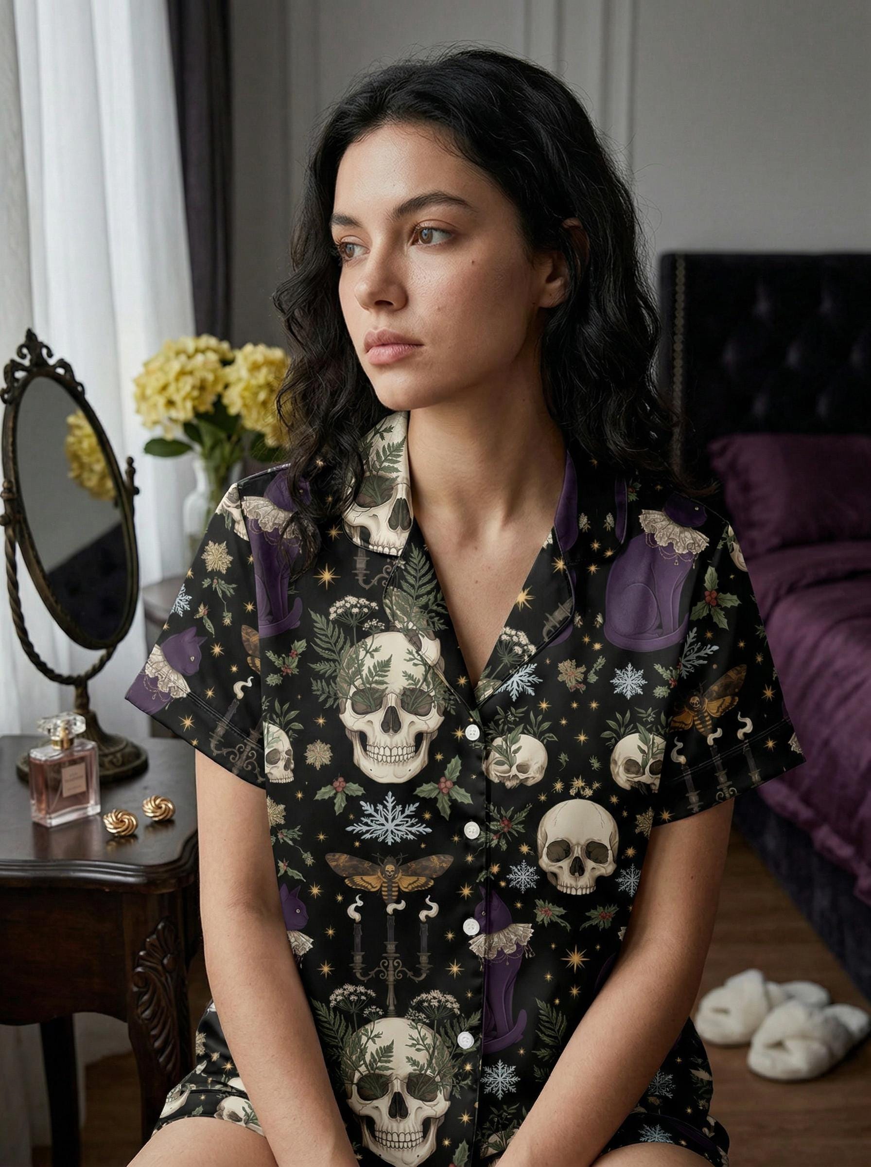 Gothic Black Cat and Skull Pajama Set, Witchy Mystical Satin Sleepwear, Punk Alternative Lounge Set, Spooky Gift for Her, Goth Party Gift