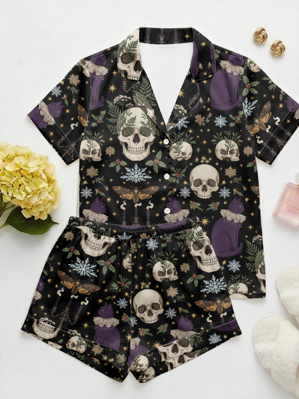 Gothic Black Cat and Skull Pajama Set, Witchy Mystical Satin Sleepwear, Punk Alternative Lounge Set, Spooky Gift for Her, Goth Party Gift