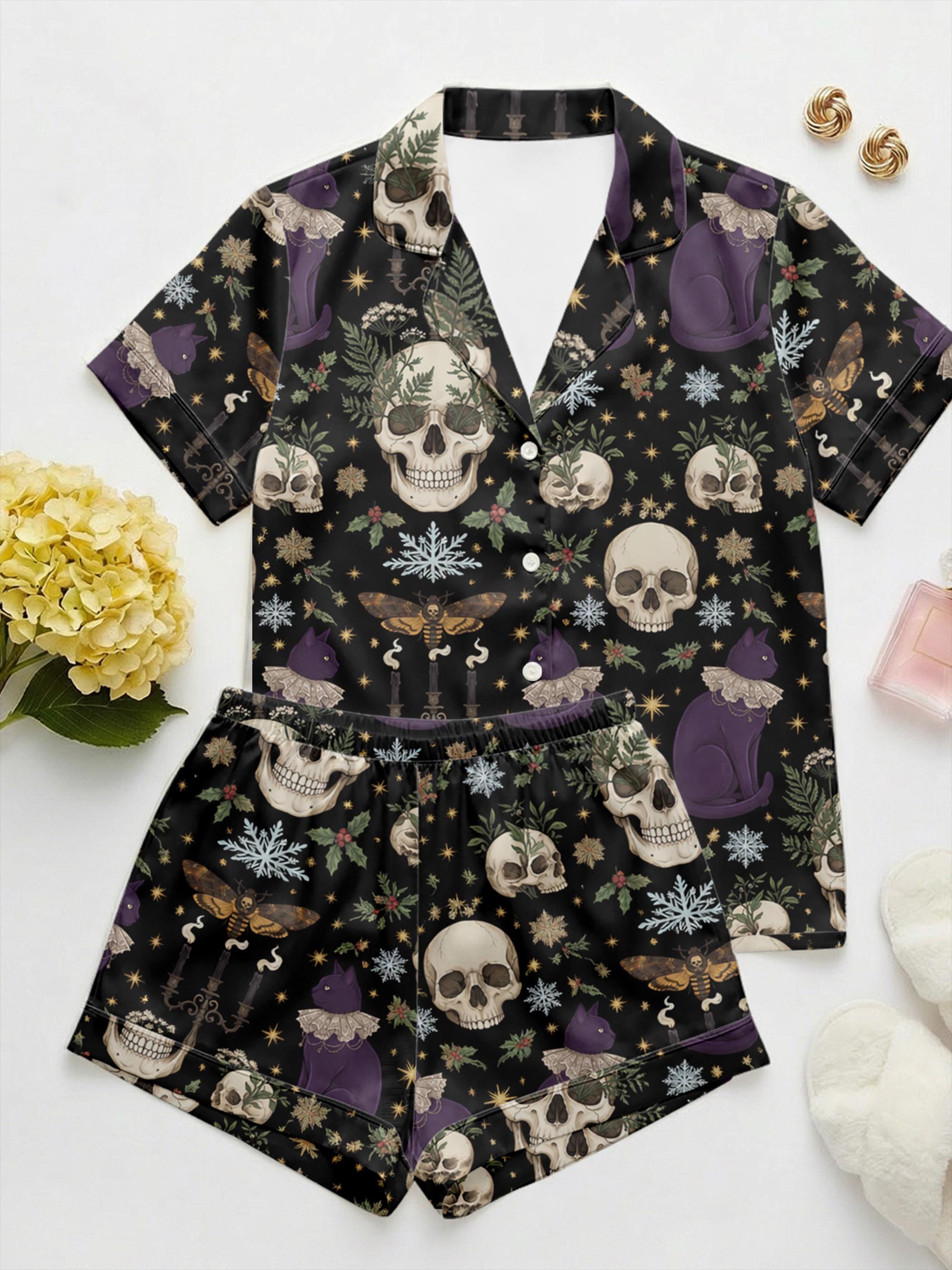 Gothic Black Cat and Skull Pajama Set, Witchy Mystical Satin Sleepwear, Punk Alternative Lounge Set, Spooky Gift for Her, Goth Party Gift