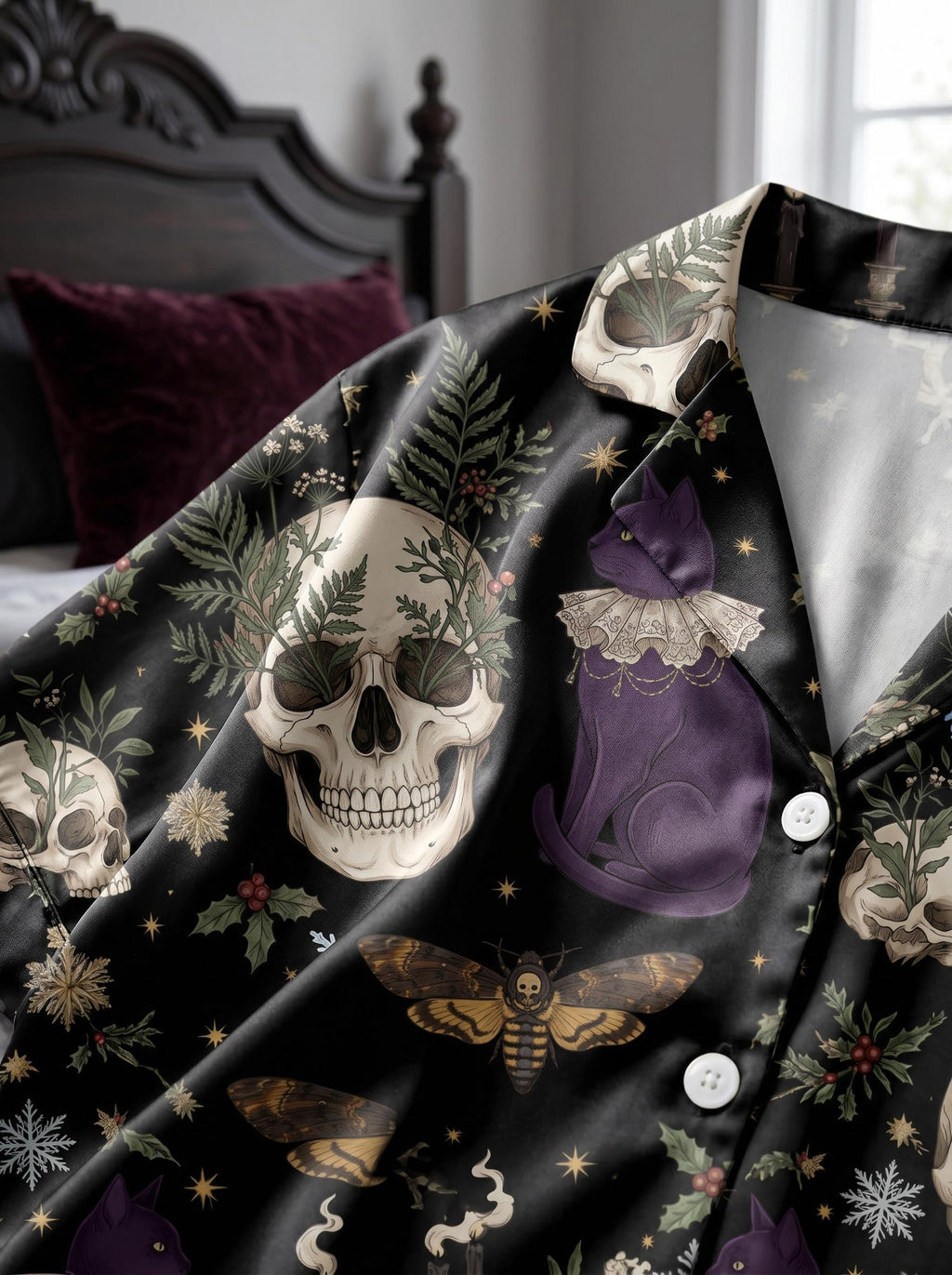 Gothic Black Cat and Skull Pajama Set, Witchy Mystical Satin Sleepwear, Punk Alternative Lounge Set, Spooky Gift for Her, Goth Party Gift