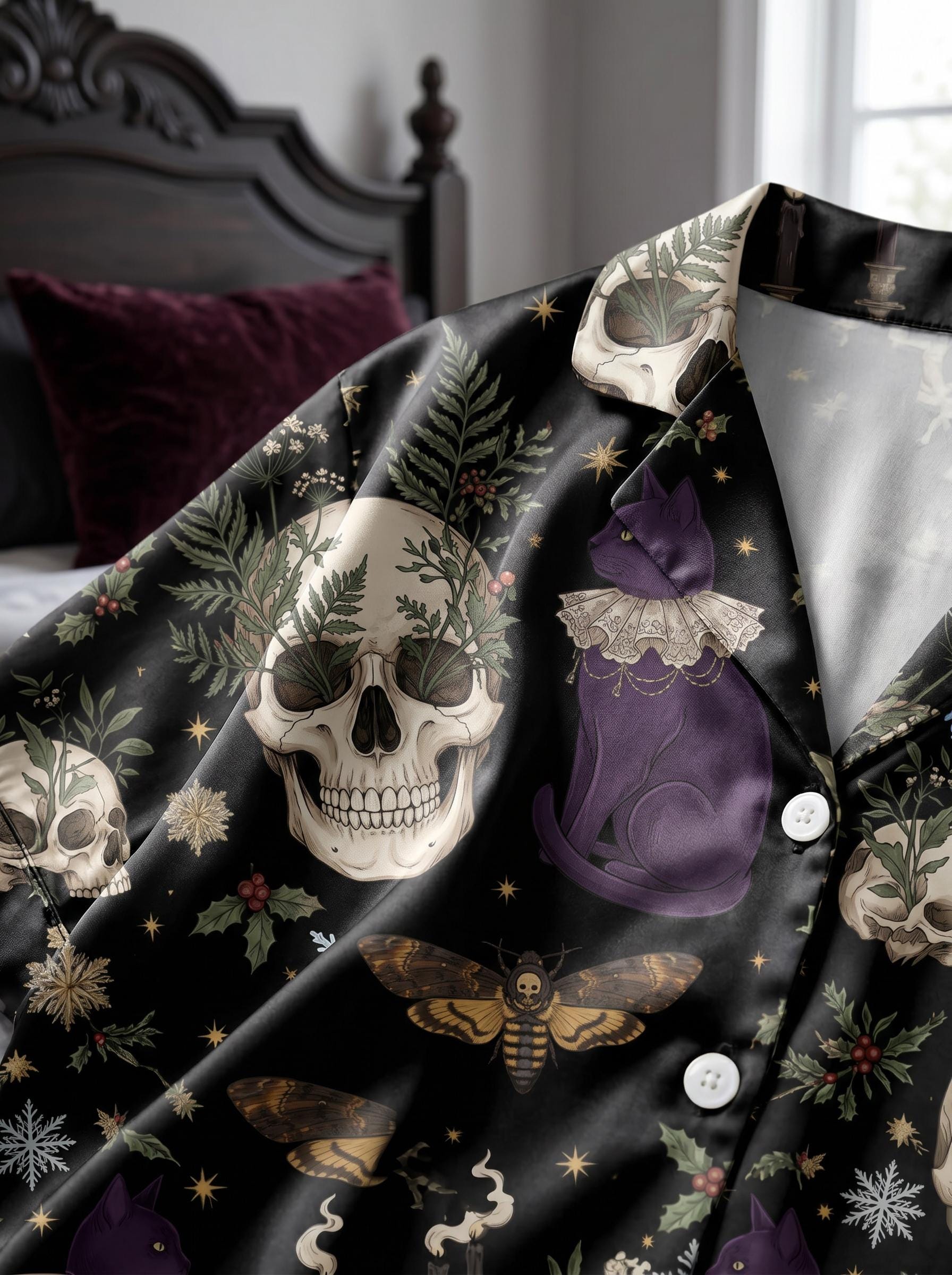Gothic Black Cat and Skull Pajama Set, Witchy Mystical Satin Sleepwear, Punk Alternative Lounge Set, Spooky Gift for Her, Goth Party Gift