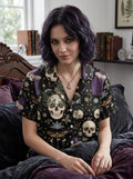 Gothic Black Cat and Skull Pajama Set, Witchy Mystical Satin Sleepwear, Punk Alternative Lounge Set, Spooky Gift for Her, Goth Party Gift