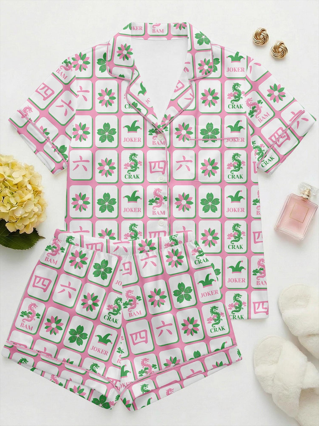 Mahjong Satin Pajama Set for Women, Summer Mahjong Print Sleepwear, American Mahjong Party Pajamas, Gift for Mahjong Lovers