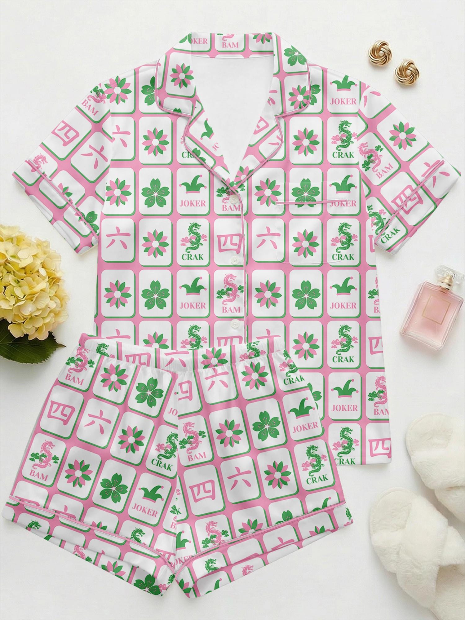 Mahjong Satin Pajama Set for Women, Summer Mahjong Print Sleepwear, American Mahjong Party Pajamas, Gift for Mahjong Lovers
