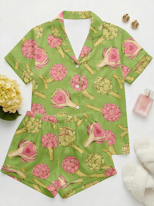 Artichoke Satin Pajama Set for Women, Summer Short  Pajamas, Cottagecore Vegetable Print Sleepwear, Cute Loungewear Set