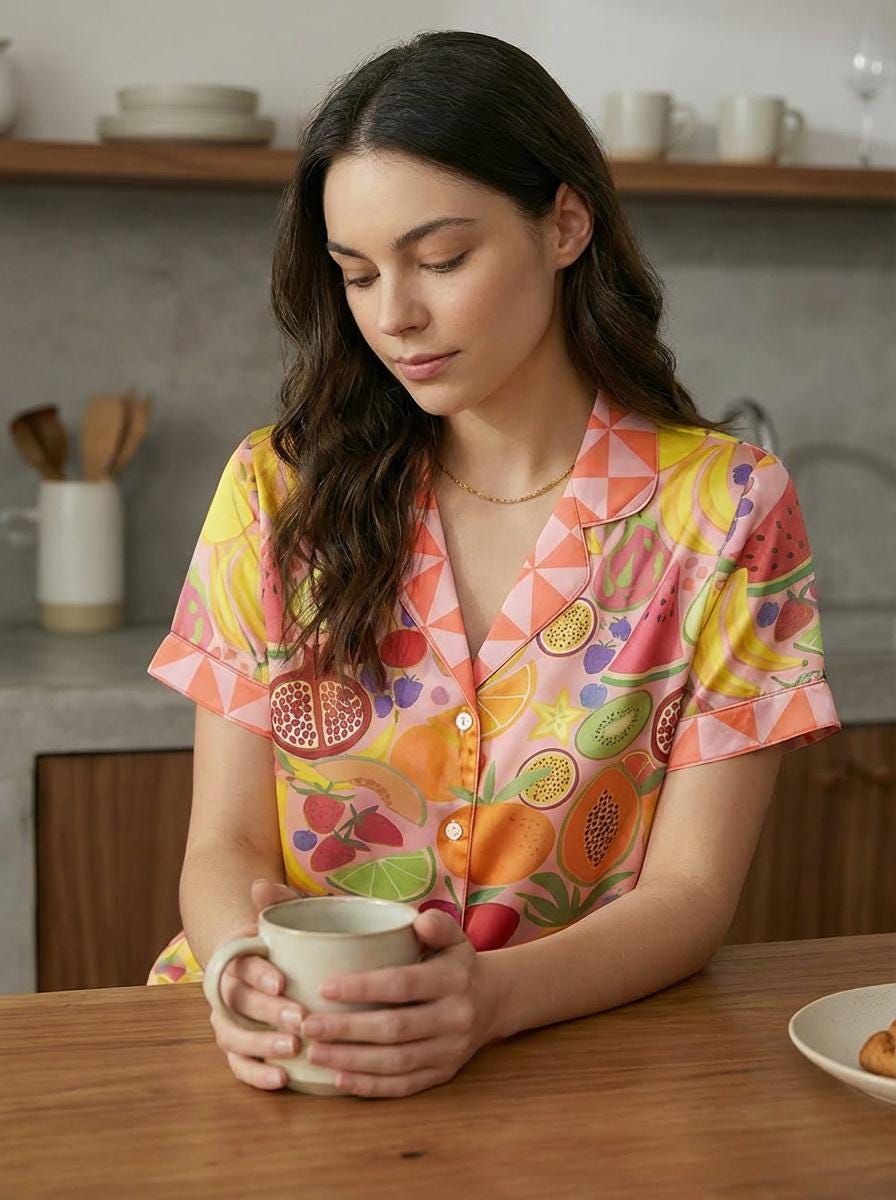 Silky Satin Tropical Fruit Pajama Set, Summer Vacation Sleepwear