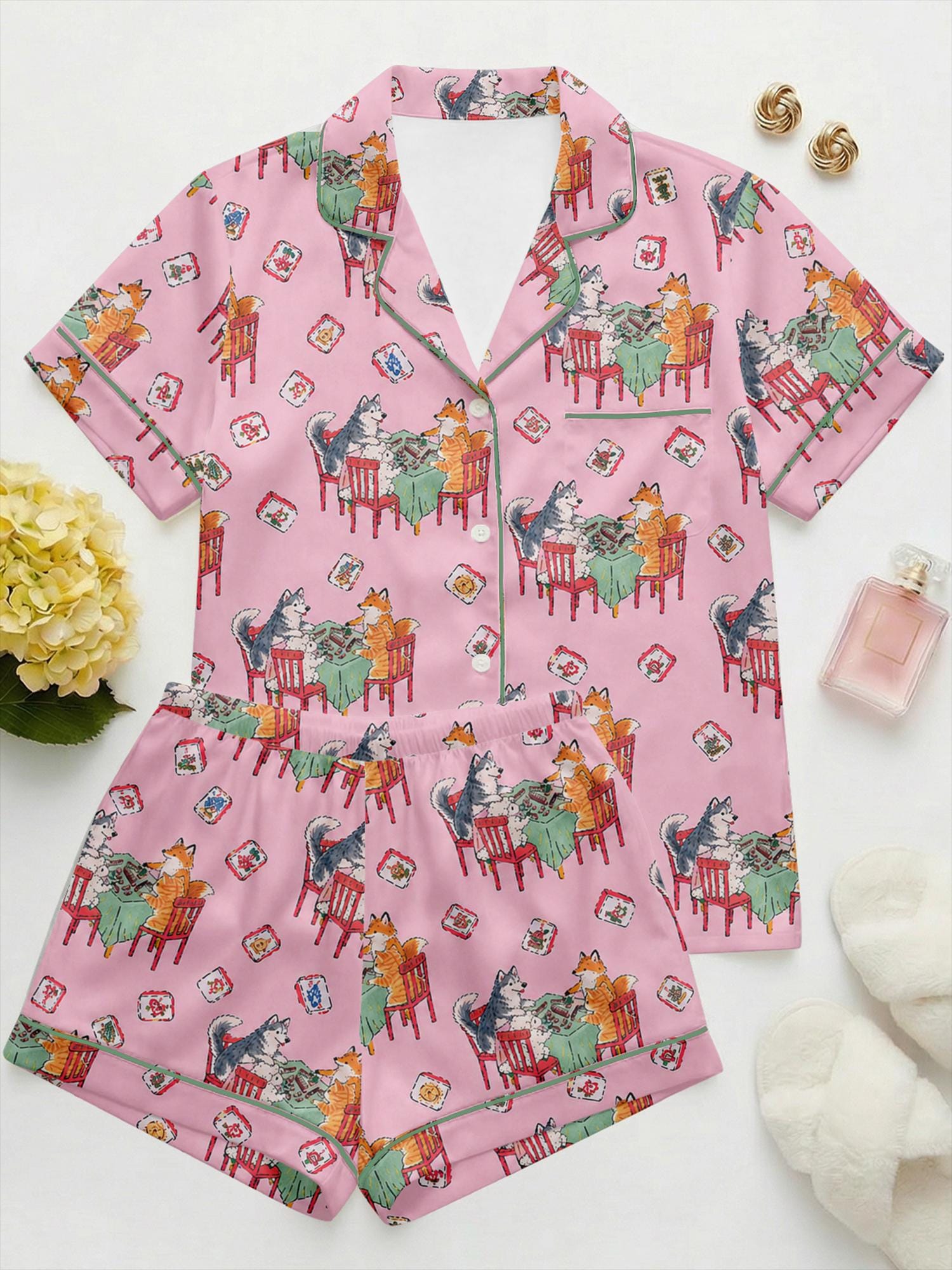 Animal Mahjong Satin Pajama Set, Cute Dog & Cat Pajamas, Summer Short PJs, Mahjong Party Outfit, Gift for Mahjong Lovers, Mother’s Day Gift