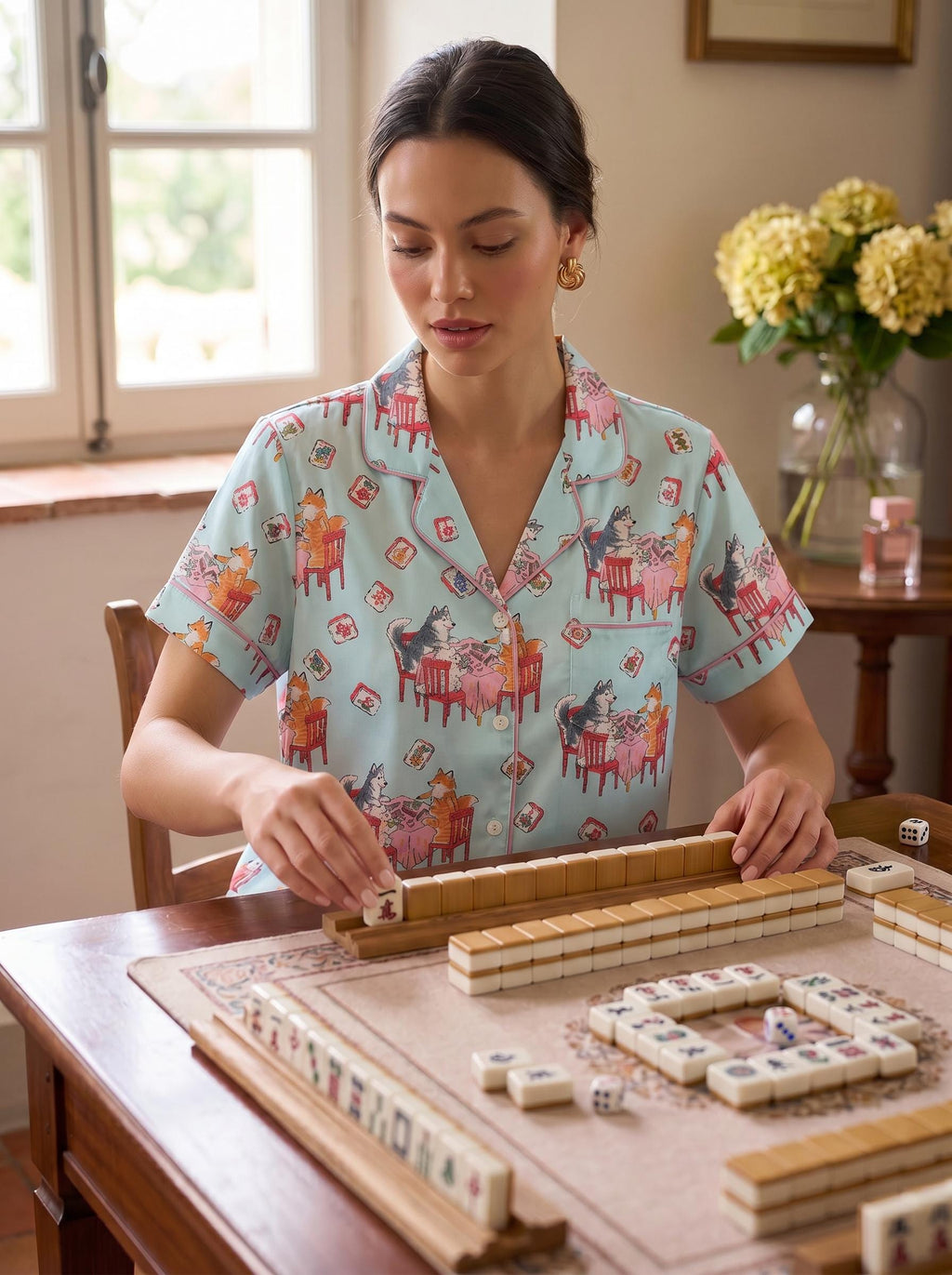 Animal Mahjong Satin Pajama Set, Cute Dog & Cat Pajamas, Summer Short PJs, Mahjong Party Outfit, Gift for Mahjong Lovers, Mother’s Day Gift