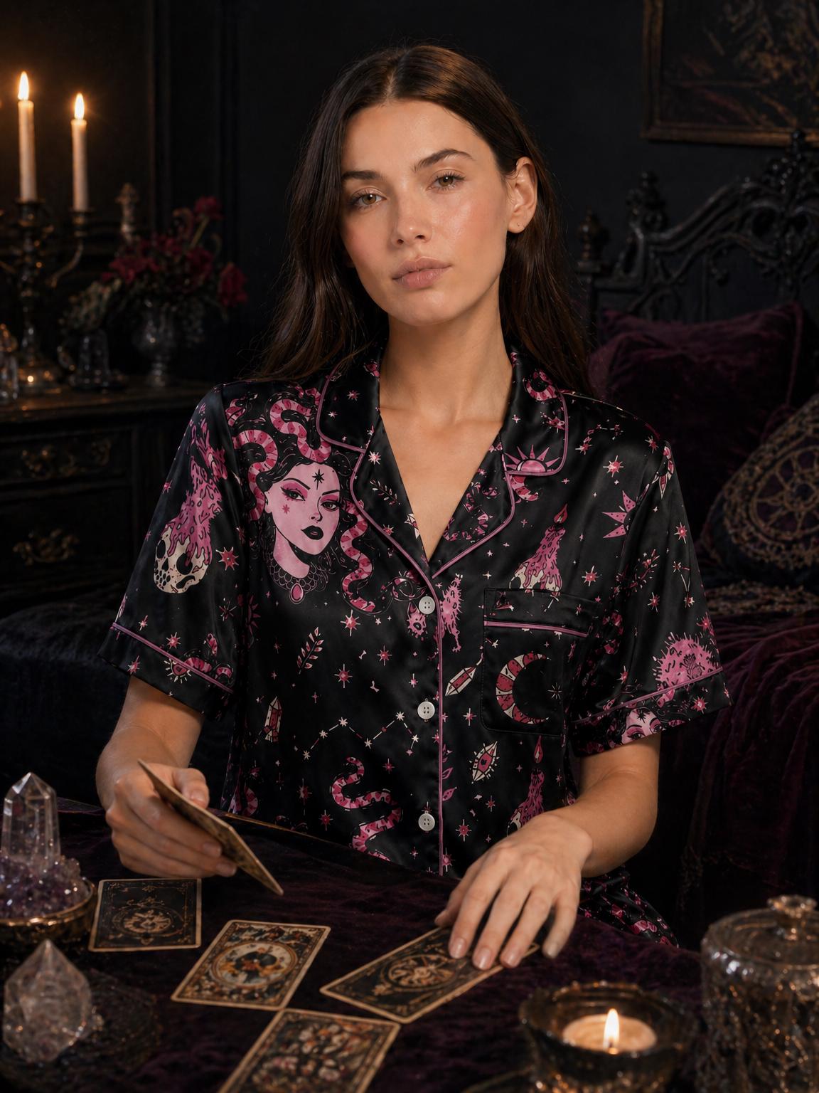 Gothic Medusa Satin Pajama Set, Witchy Aesthetic PJs, Skull & Snake Print Sleepwear, Dark Goth Lounge Set, Halloween Pajamas, Gift for Her