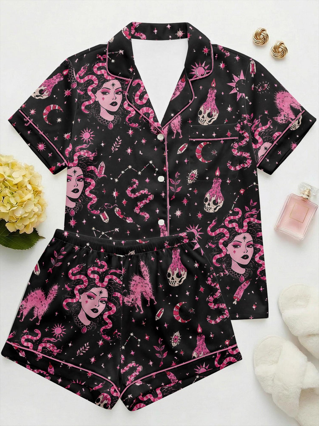 Gothic Medusa Satin Pajama Set, Witchy Aesthetic PJs, Skull & Snake Print Sleepwear, Dark Goth Lounge Set, Halloween Pajamas, Gift for Her