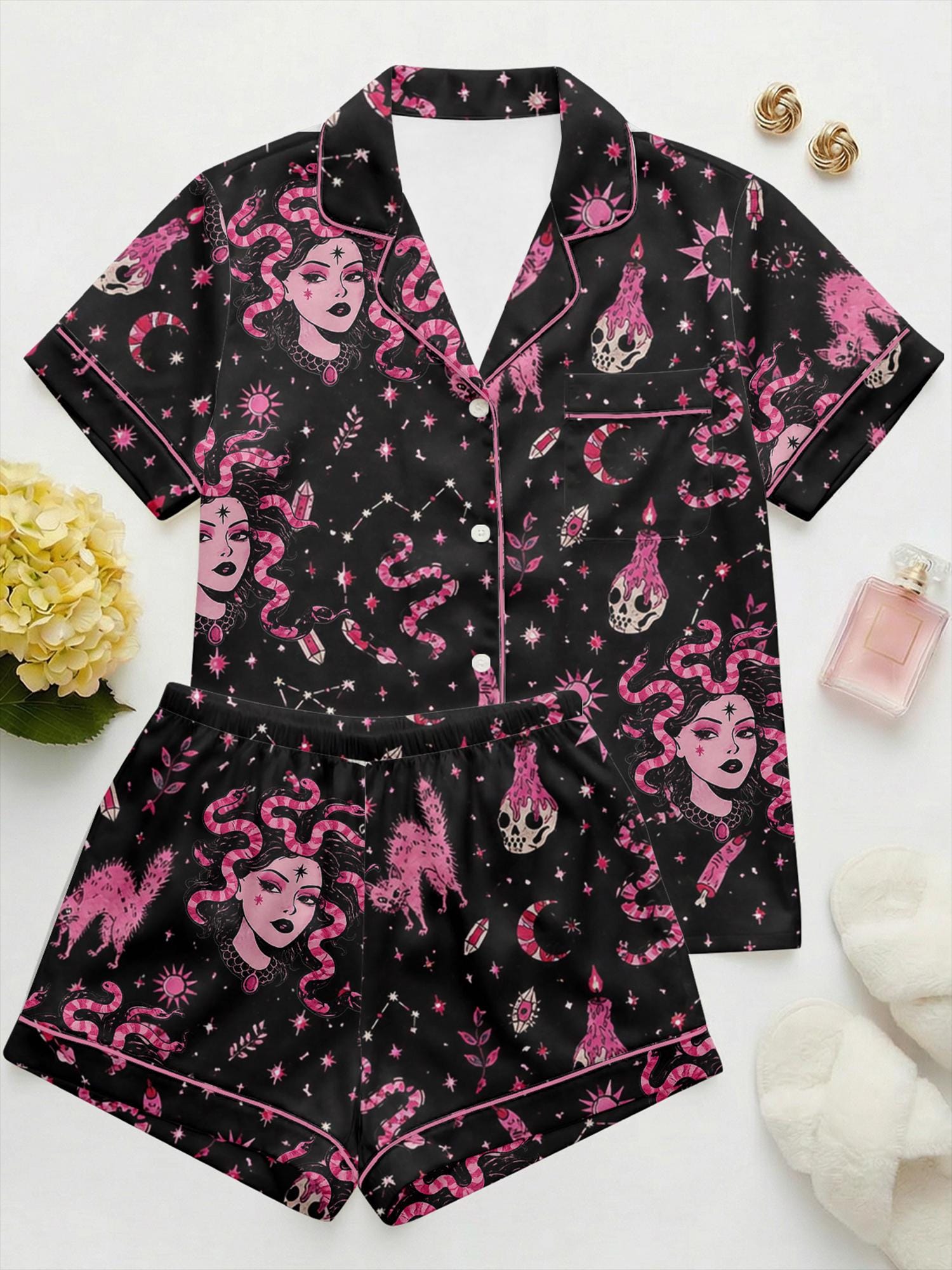 Gothic Medusa Satin Pajama Set, Witchy Aesthetic PJs, Skull & Snake Print Sleepwear, Dark Goth Lounge Set, Halloween Pajamas, Gift for Her