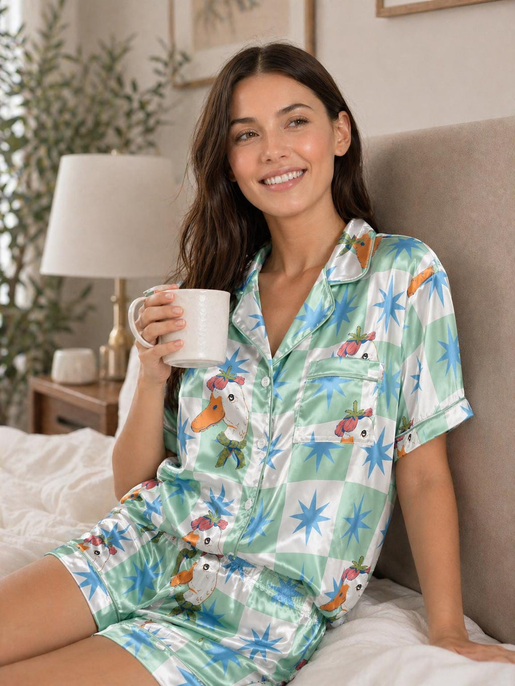 Cute Duck Satin Pajama Set, Kpop Idol Summer Pajamas, Checkerboard Star Print PJs, Dopamine Aesthetic Sleepwear