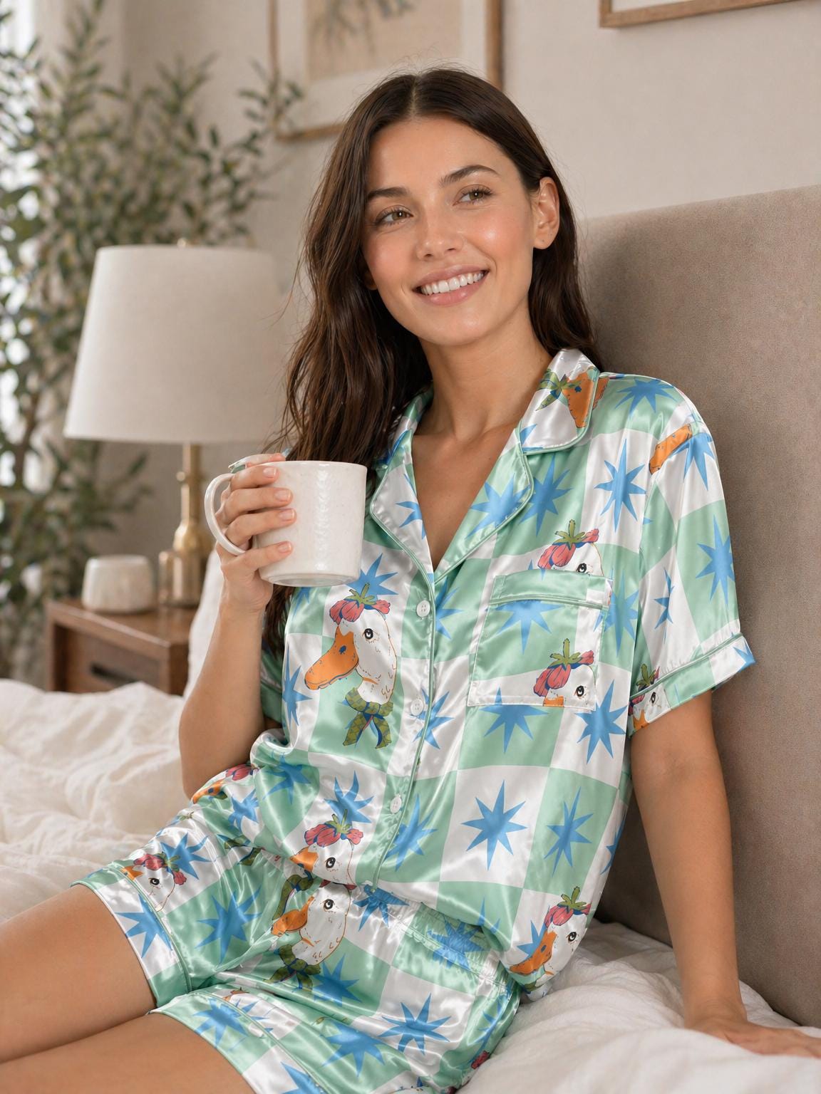 Cute Duck Satin Pajama Set, Kpop Idol Summer Pajamas, Checkerboard Star Print PJs, Dopamine Aesthetic Sleepwear