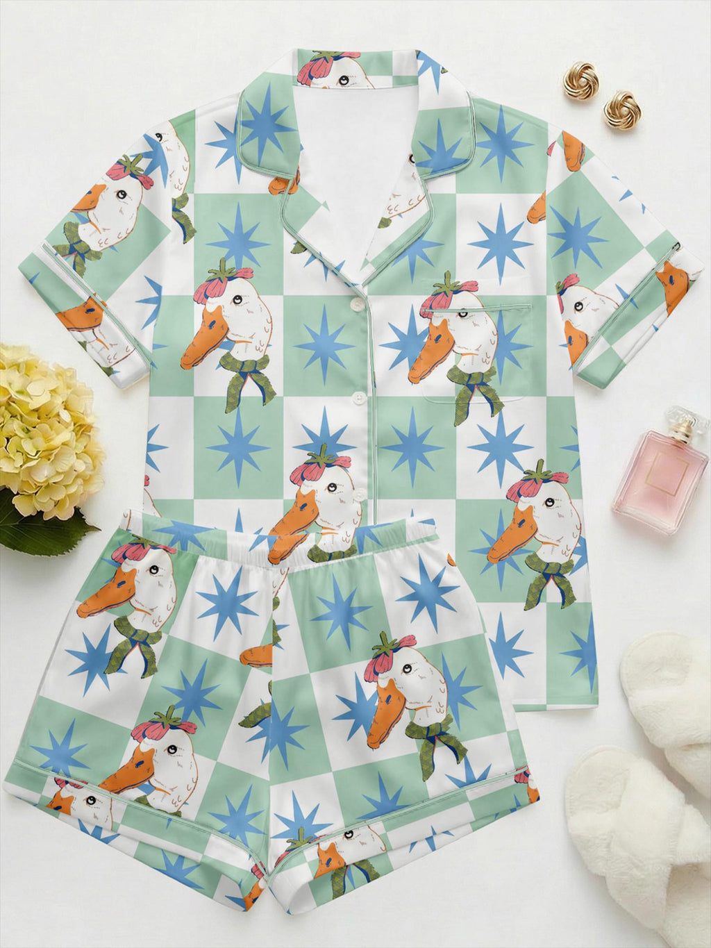 Cute Duck Satin Pajama Set, Kpop Idol Summer Pajamas, Checkerboard Star Print PJs, Dopamine Aesthetic Sleepwear