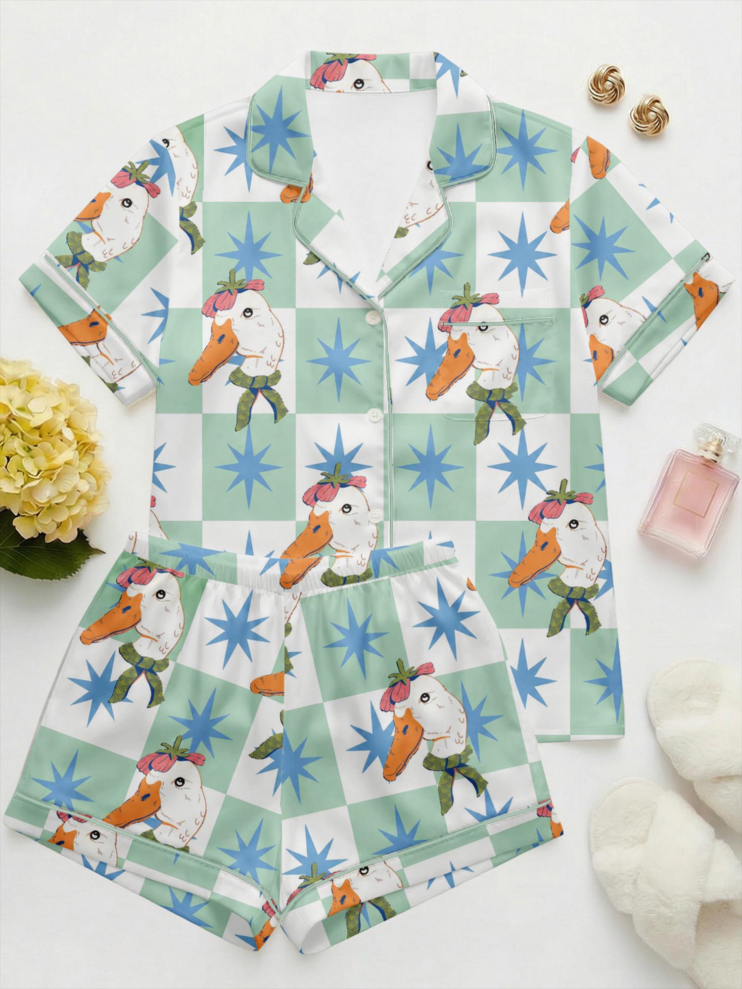 Cute Duck Satin Pajama Set, Kpop Idol Summer Pajamas, Checkerboard Star Print PJs, Dopamine Aesthetic Sleepwear