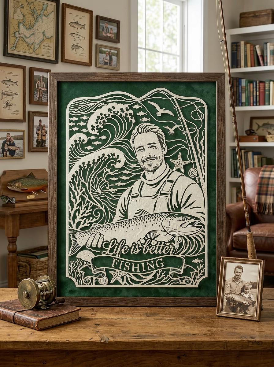 Custom Fishing Papercut Portrait from Photo, Father’s Day Gift for Dad, Personalized Fisherman Gift, Grandpa Gift, Fishing Lover Wall Art