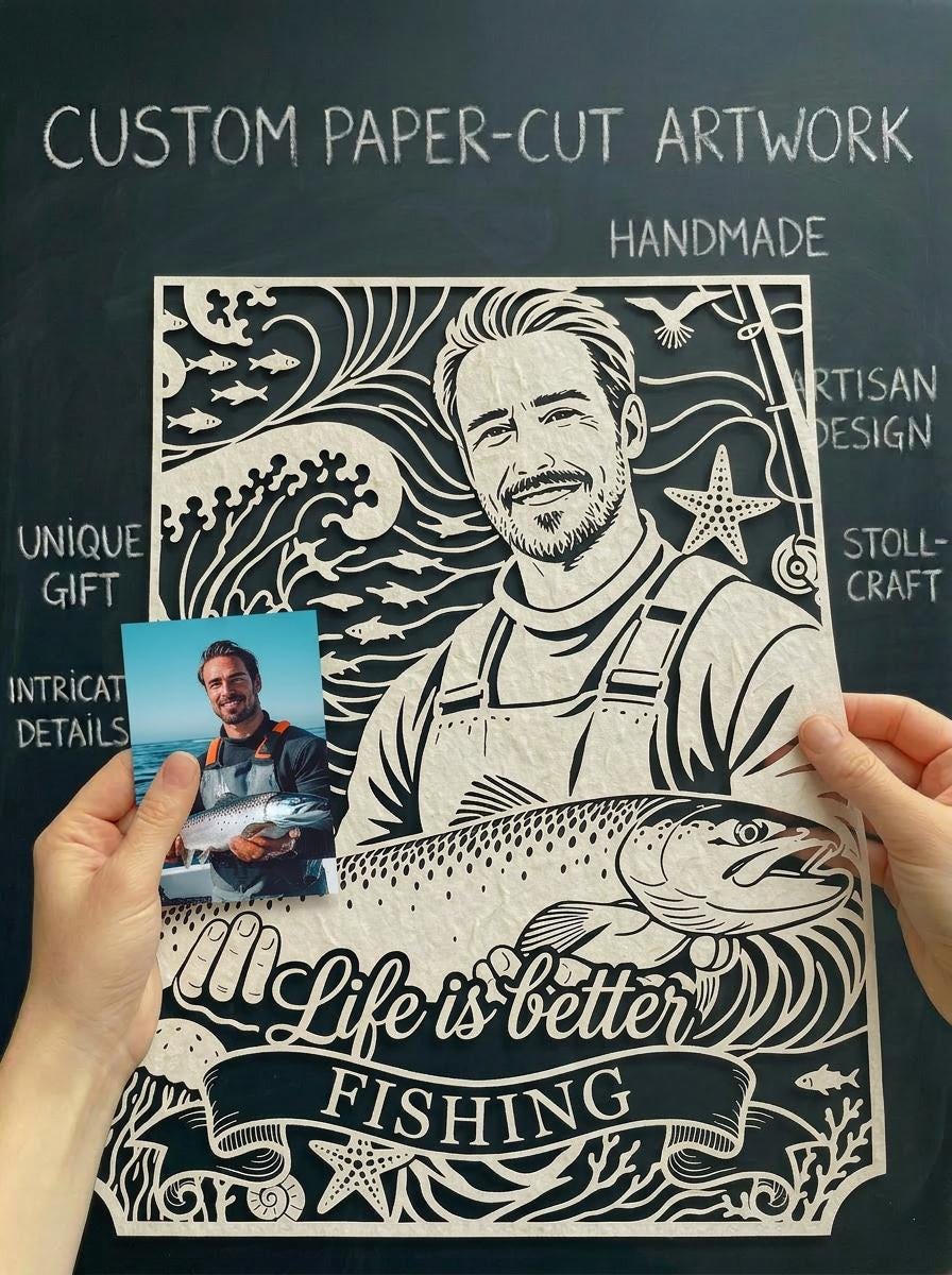 Custom Fishing Papercut Portrait from Photo, Father’s Day Gift for Dad, Personalized Fisherman Gift, Grandpa Gift, Fishing Lover Wall Art