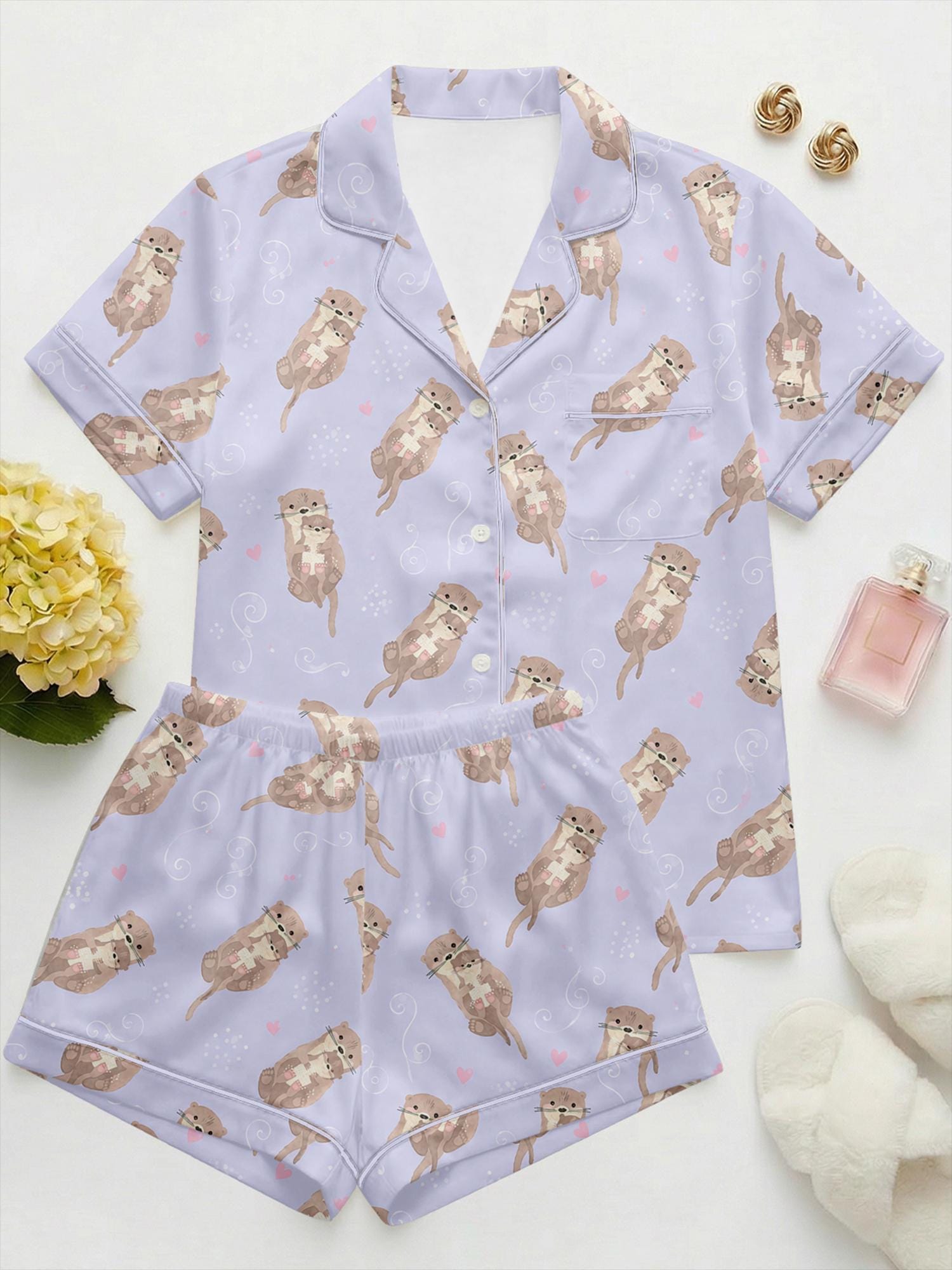 Otter Mom Satin Pajama Set, Cute Baby Otter PJs, Summer Short  Sleepwear, Cottagecore Animal Lounge Set